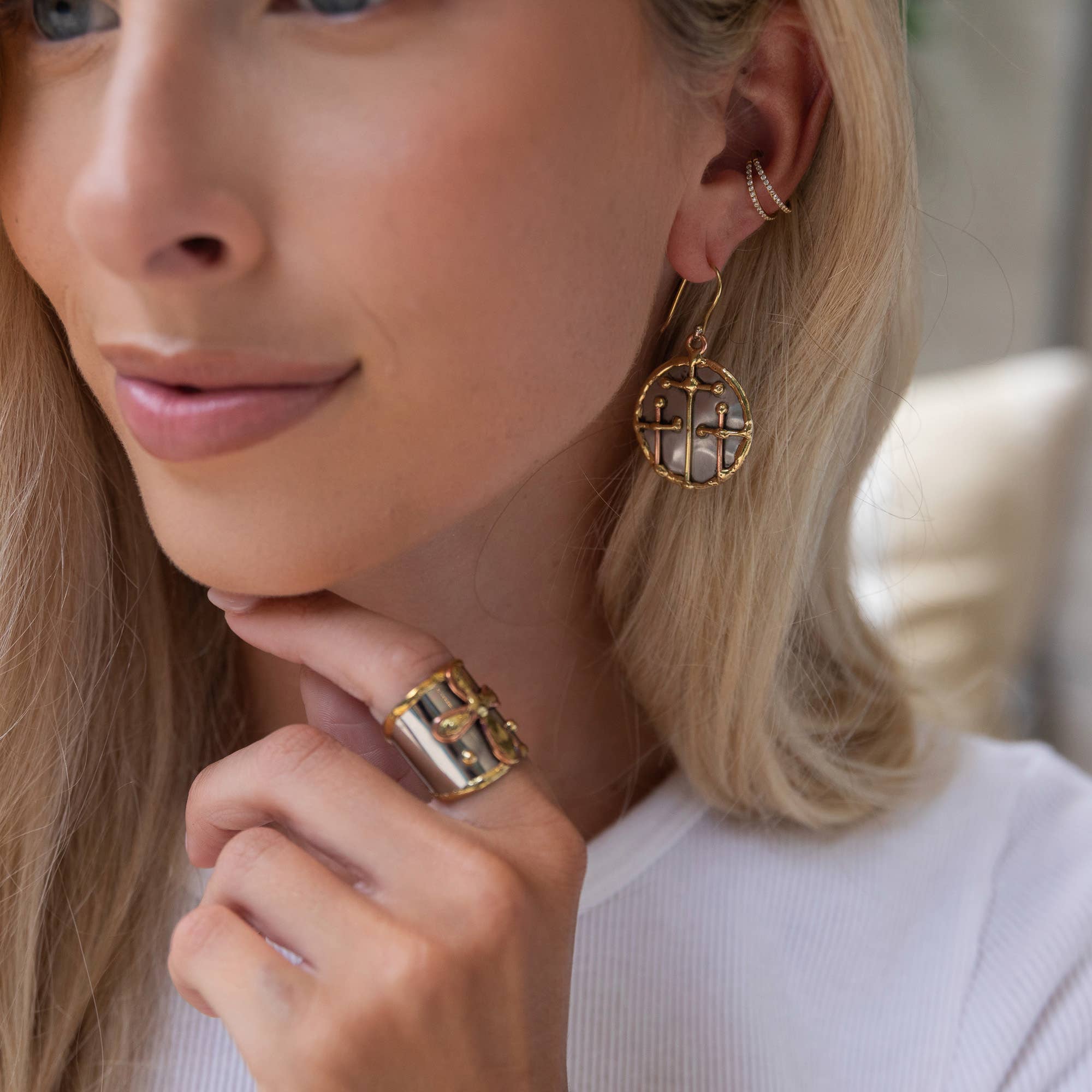 Handcrafted Mixed Metal Triple Cross Earrings