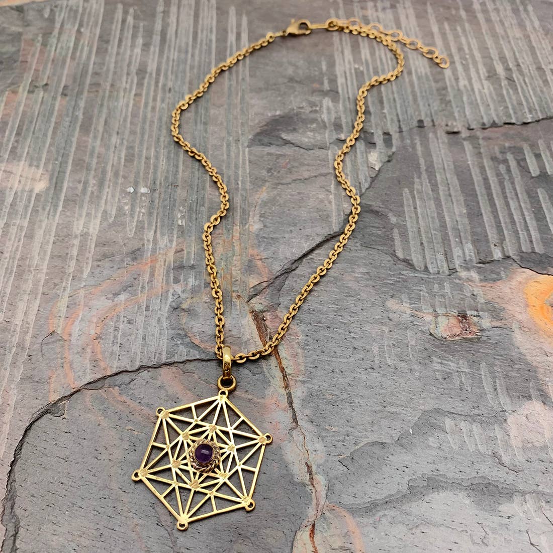 Tanvi Collection Necklace - Gold Hexagon with Amethyst