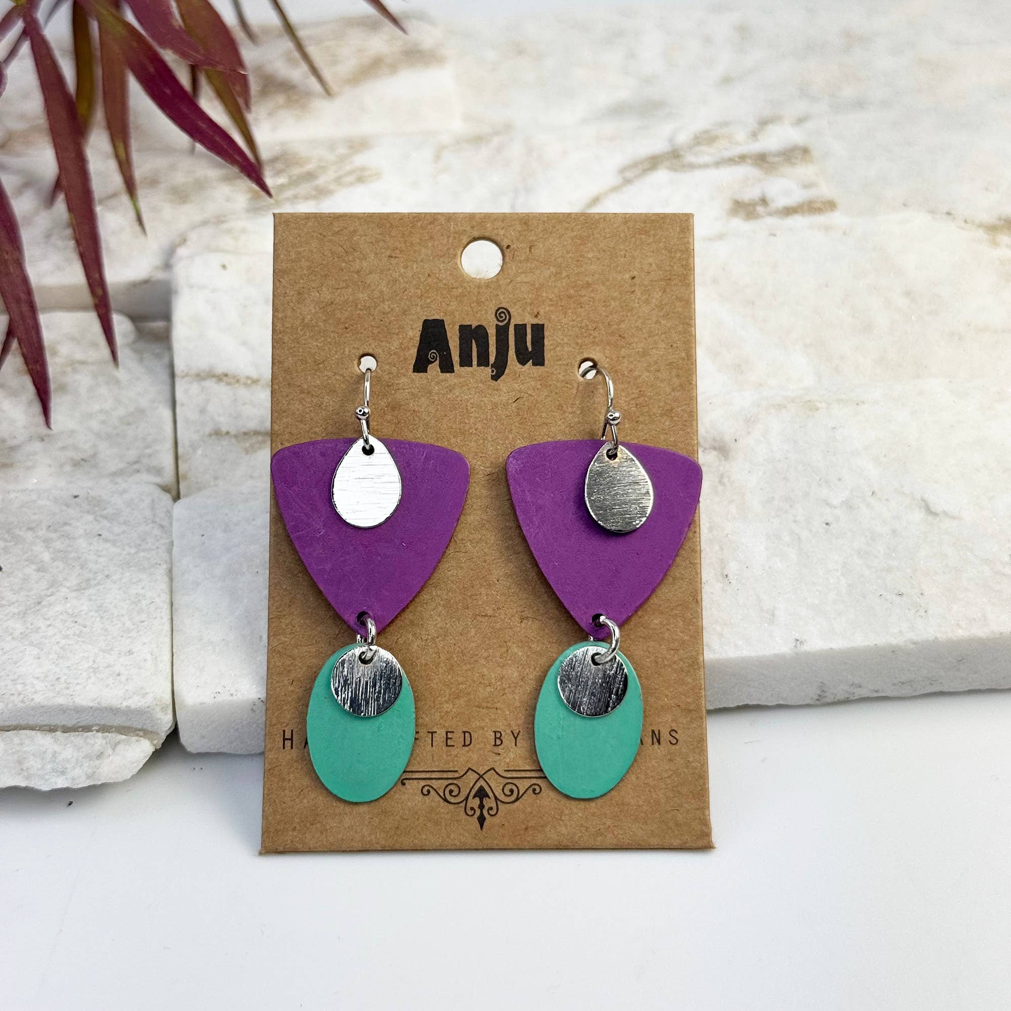 Handcrafted Purple & Green Patina Triangle Earrings