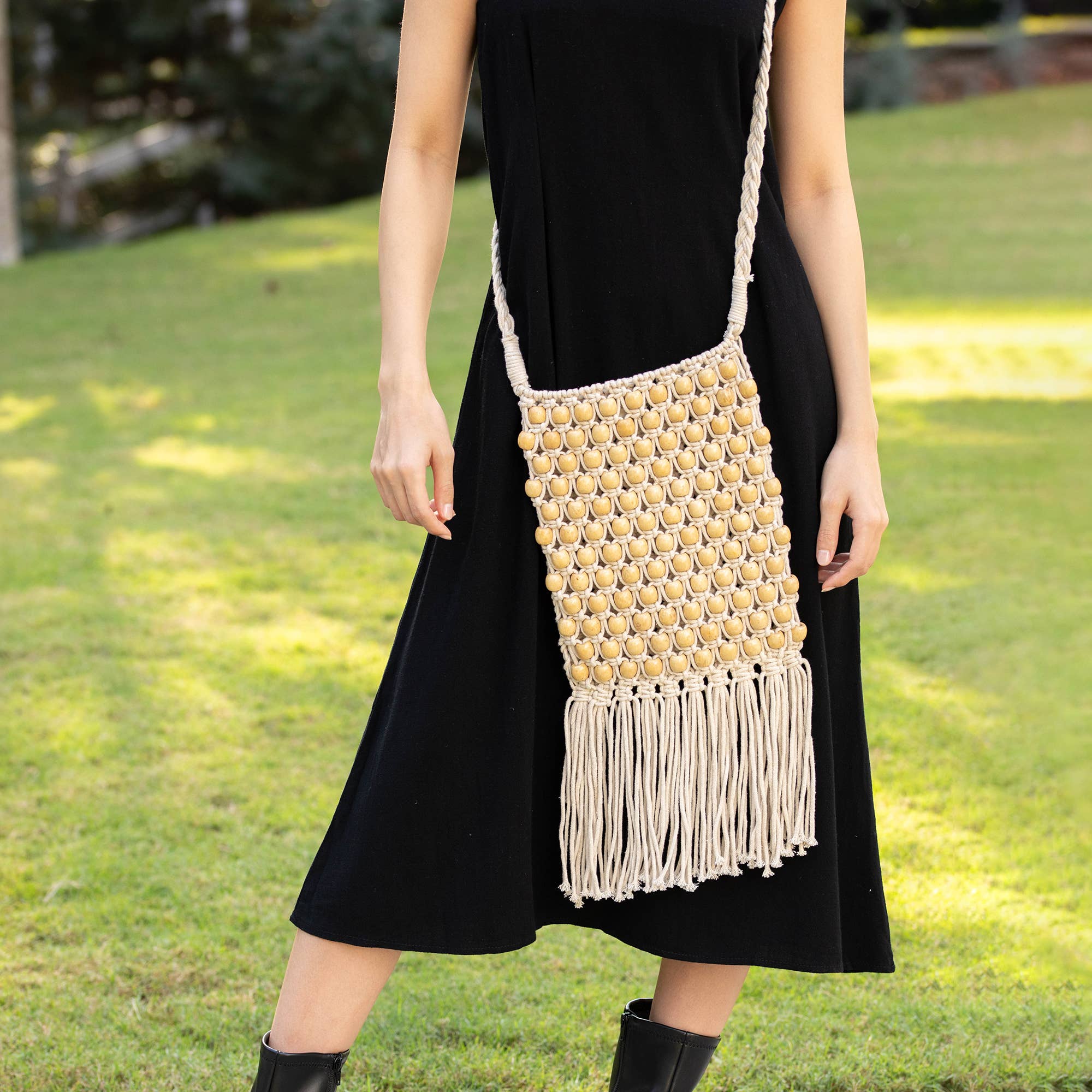 Coco Bag - Cotton Macrame sling bag with wood beads