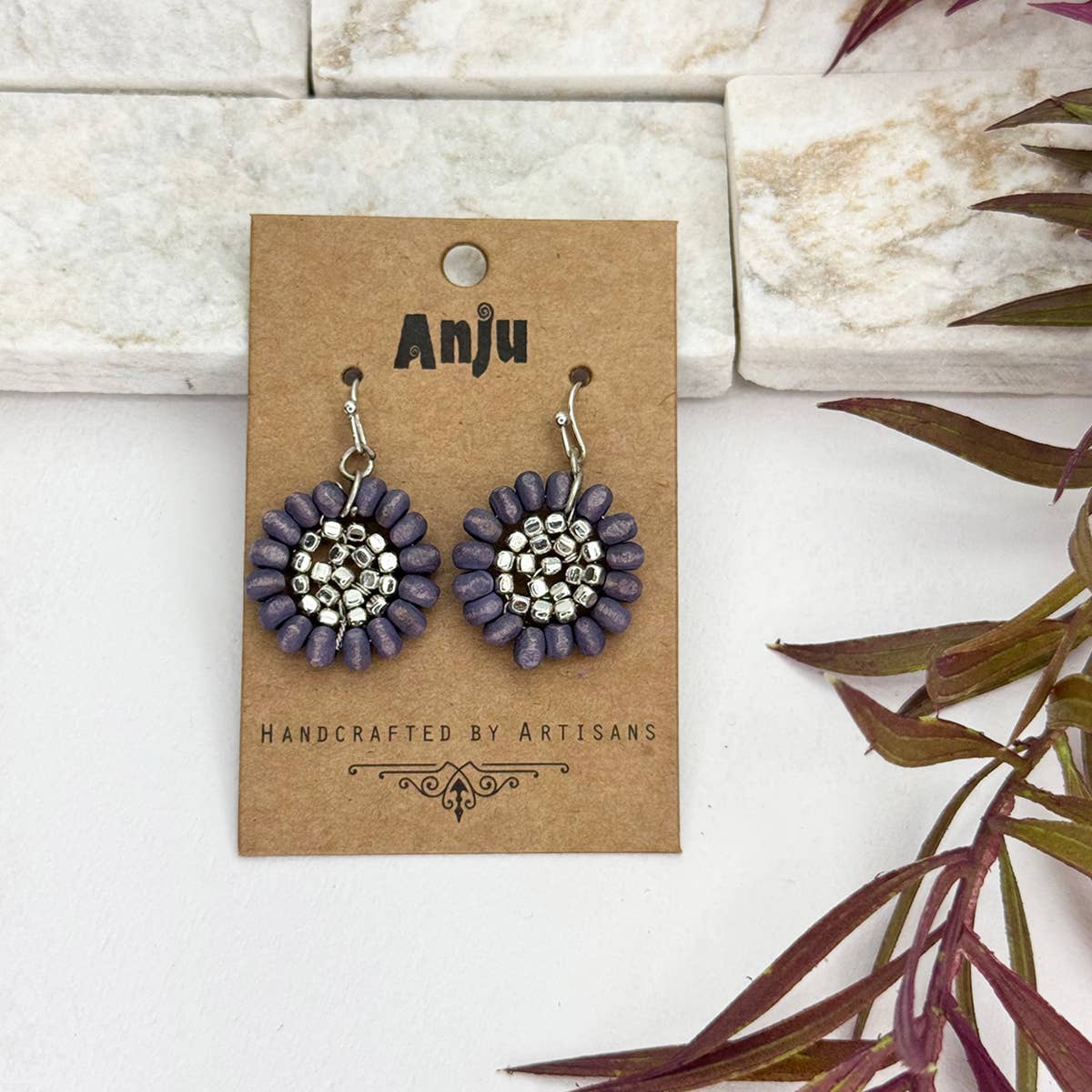 Sachi Wood Bead Flower Earrings - Purple