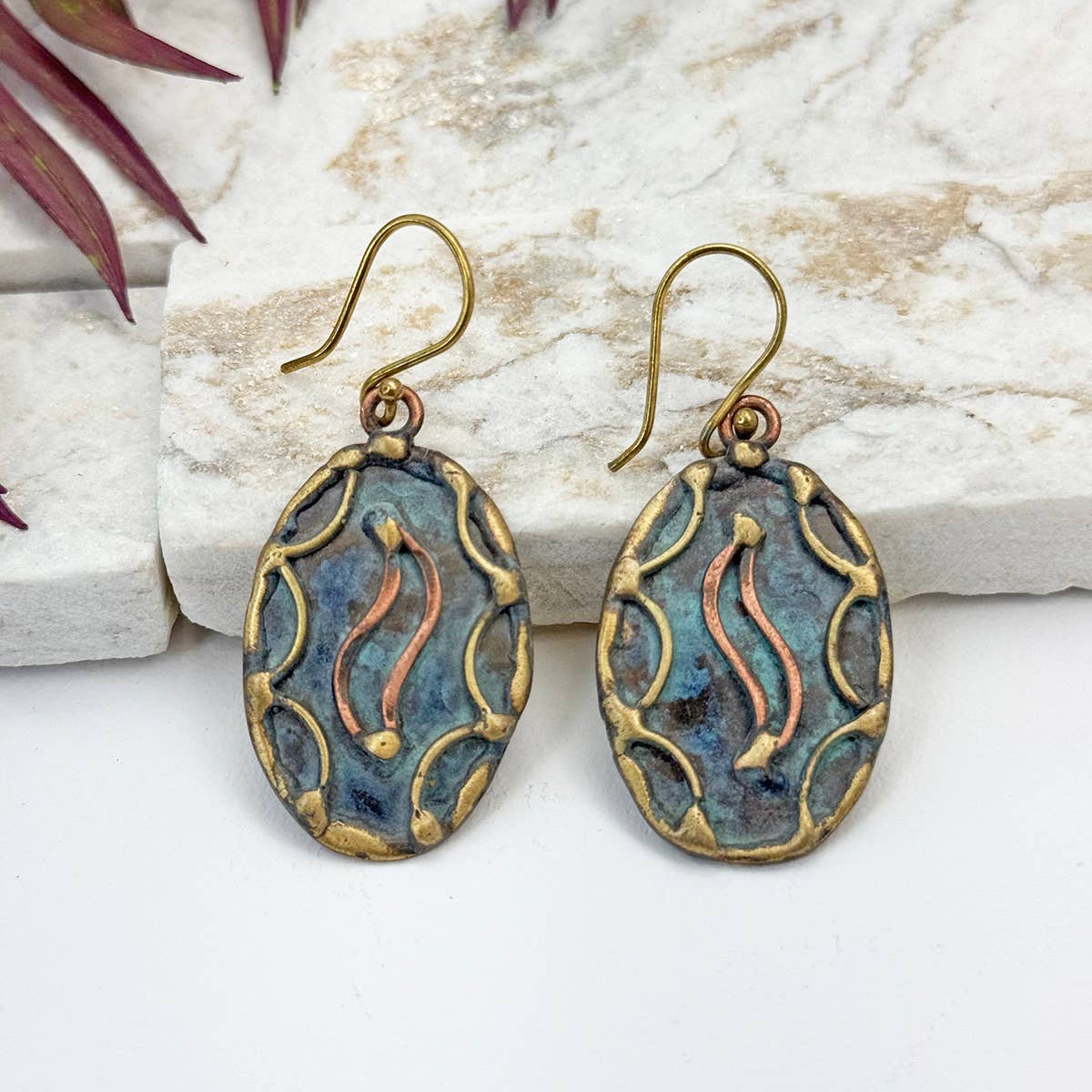Handcrafted Rustic Blue & Copper Swirl Brass Patina Earrings