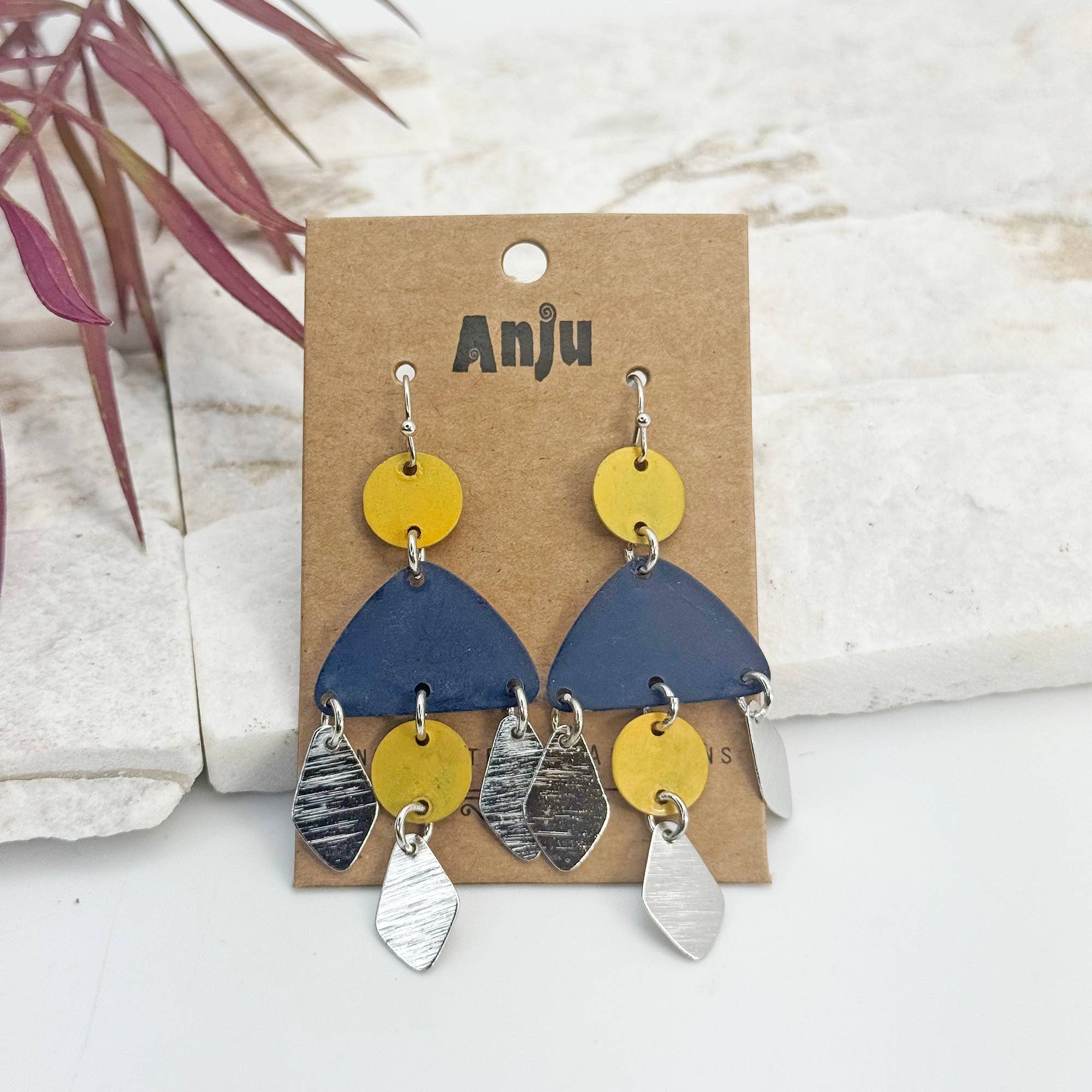 Handcrafted Yellow & Blue Patina Fanform Dangle Earrings