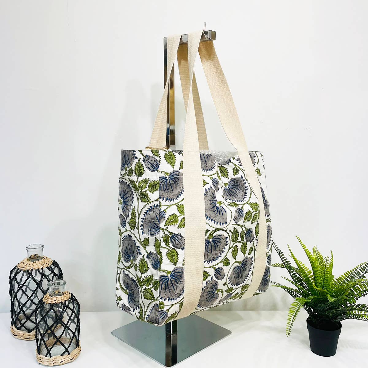 Handcrafted Canvas Bag with Block-Printed Blue Mist