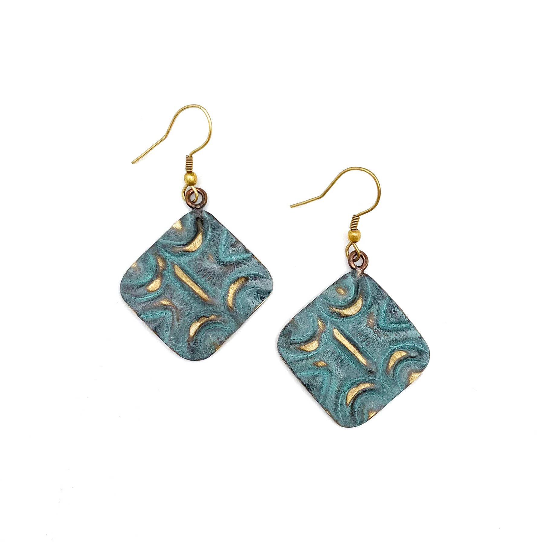 Brass Patina Earrings - Aqua Squares with Moons and Lines