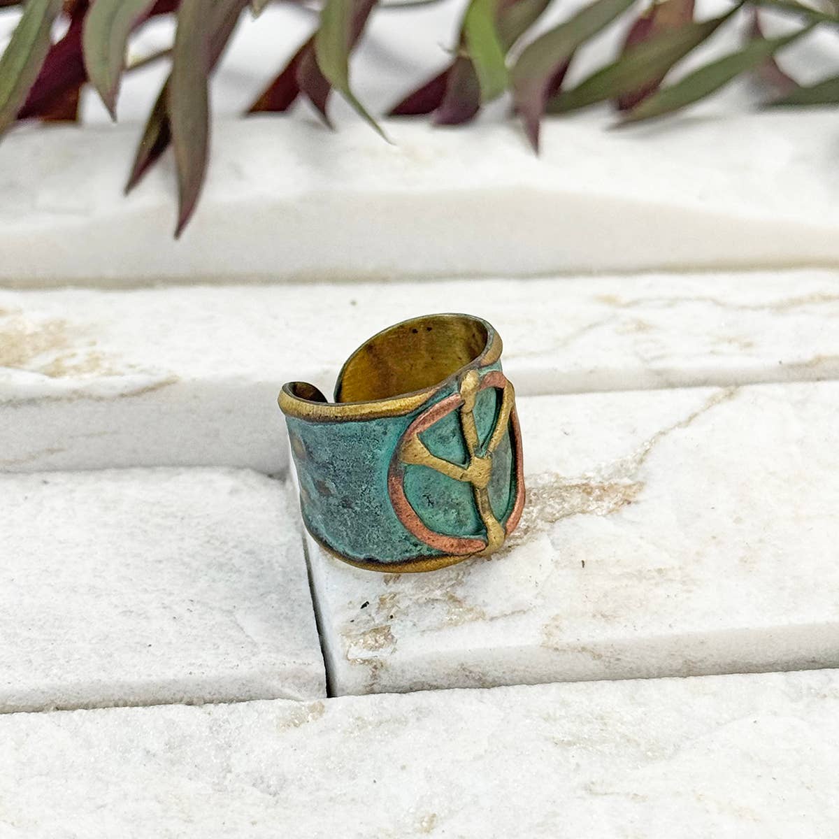 Handcrafted Verdigris Peace Sign Brass Patina Ring
