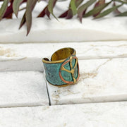 Handcrafted Verdigris Peace Sign Brass Patina Ring
