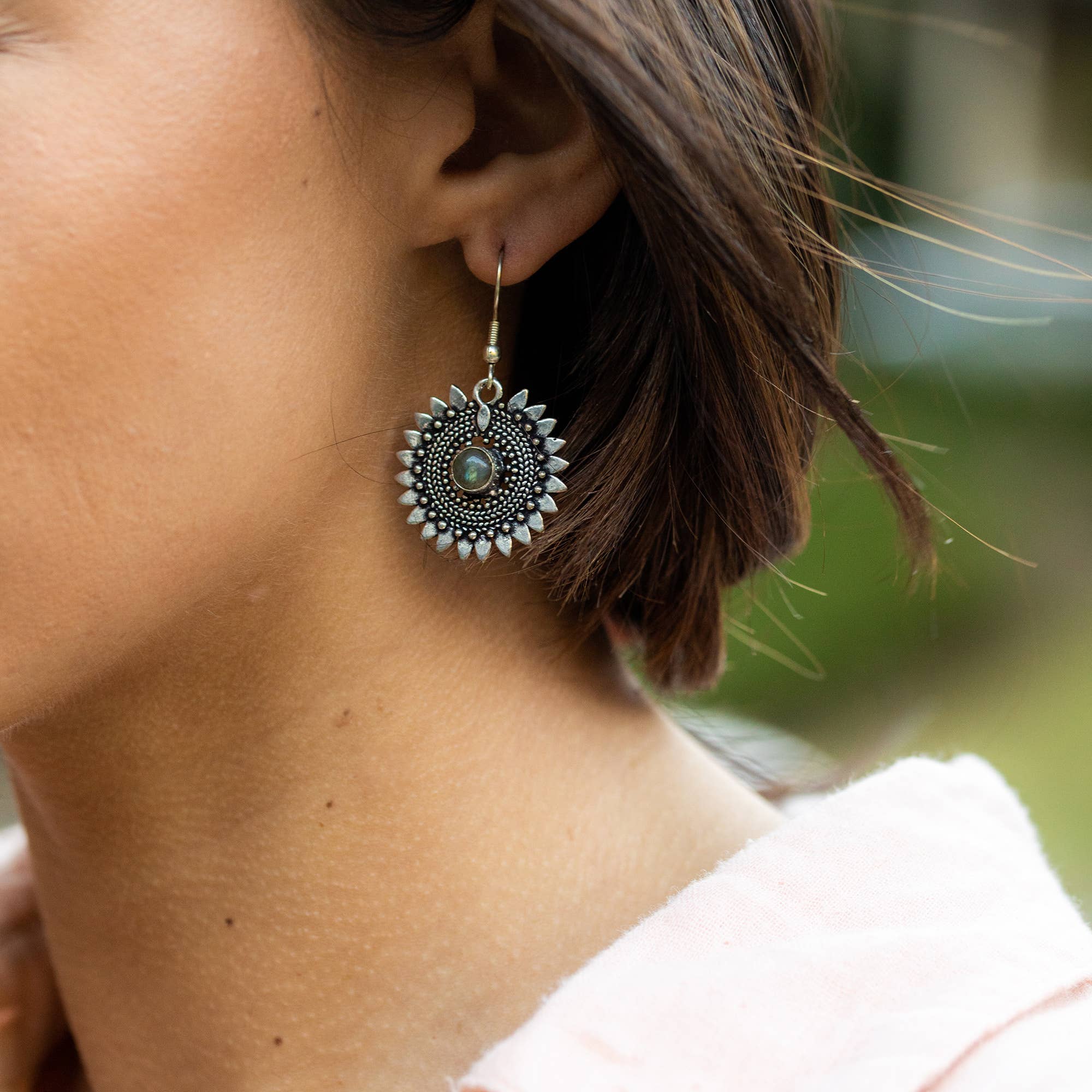 Tanvi Silver Spoked Circle with Labradorite Earrings