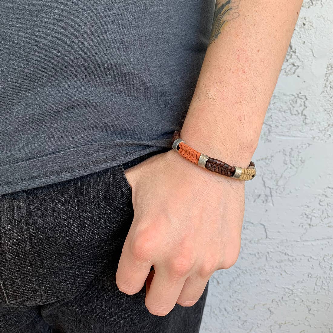 Aadi Brown and Orange Leather and Metal Beads Bracelet