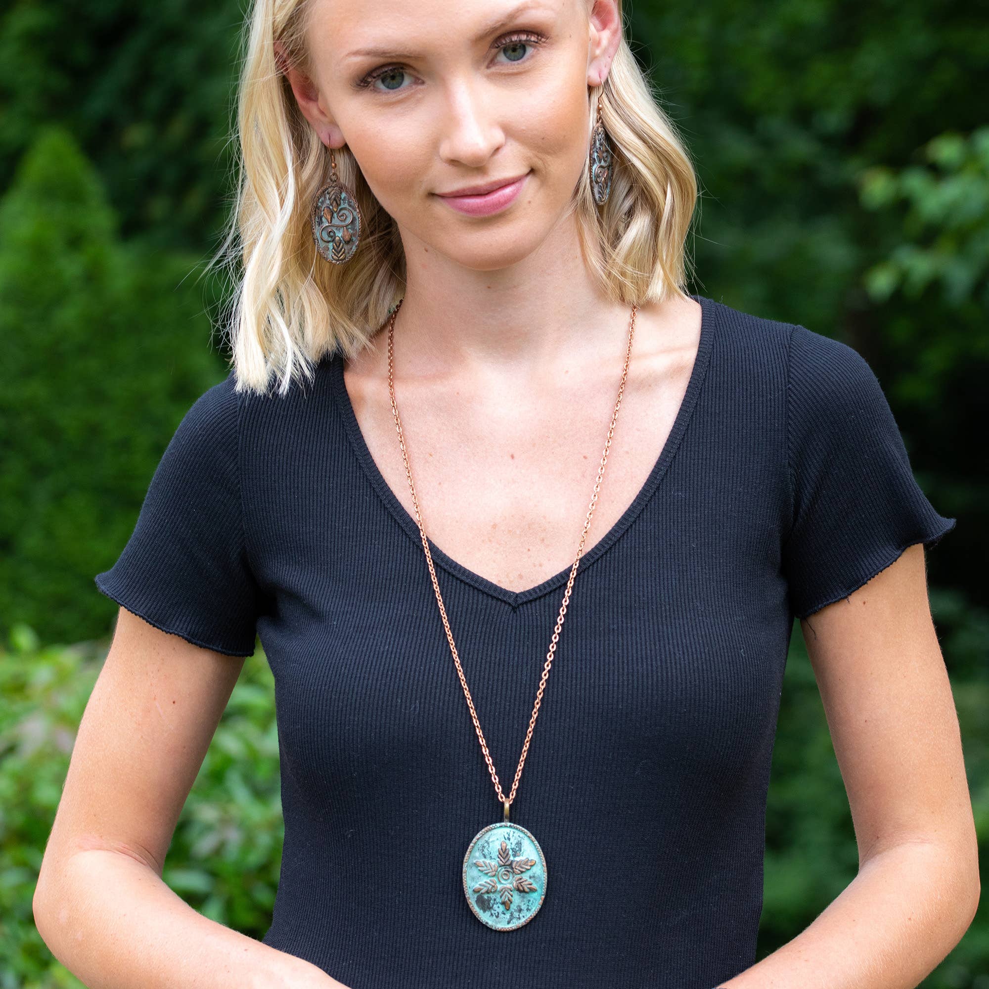 Copper Patina Necklace - Leaves & Spiral Turquoise Pendant