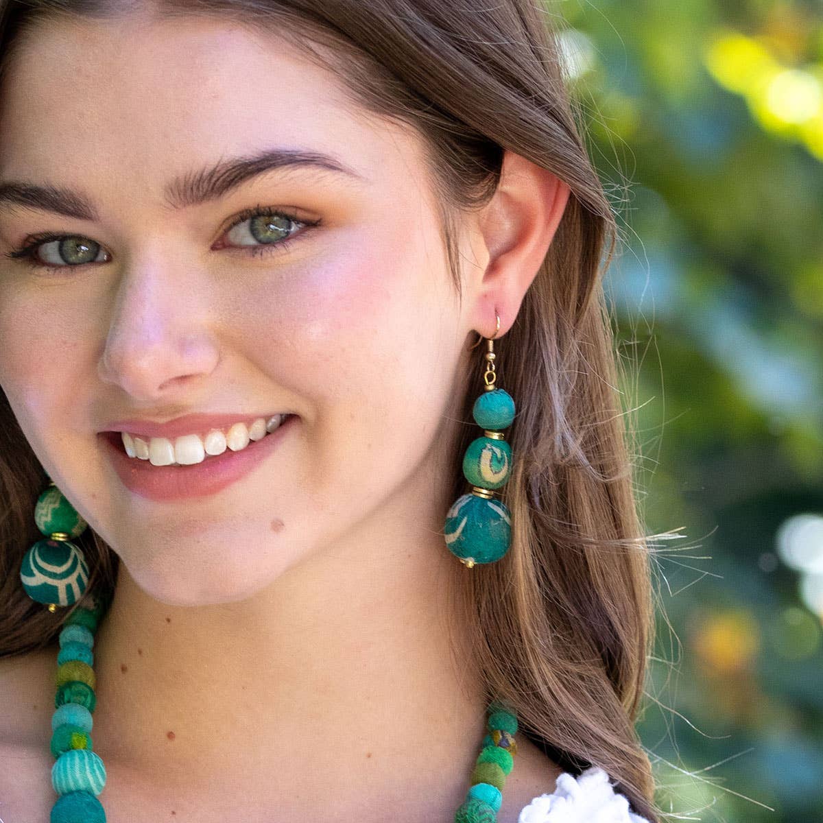 Aasha Trio Seagrass Big Beaded Kantha Handcrafted Earrings