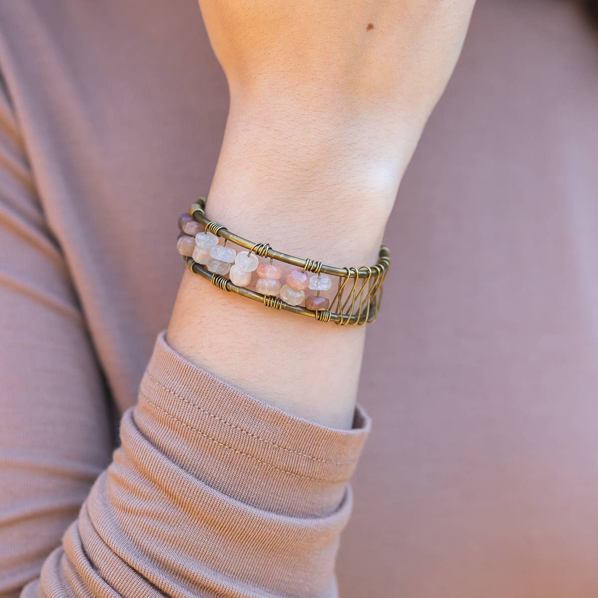 Wire-Wrapped Stone Cuff - Antique Brass with Quartz