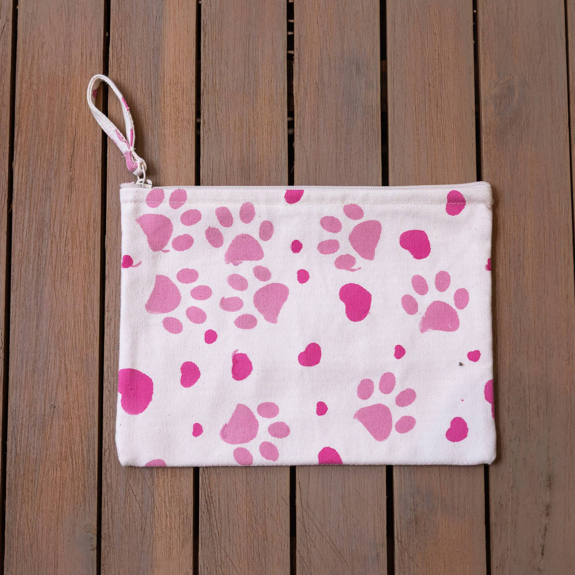 Handcrafted Canvas Zip Pouch - Pink Paw Print
