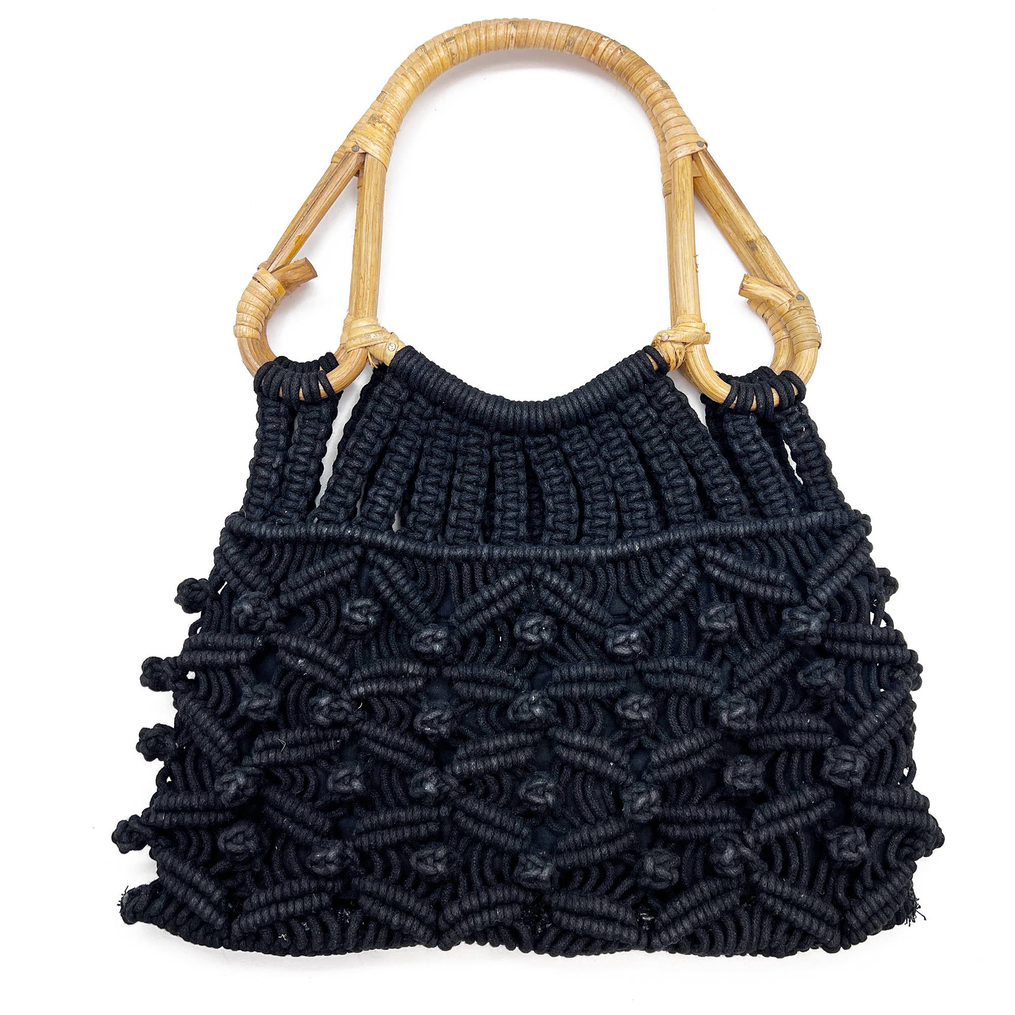 Jolene Bag - Cotton macrame bag with cane handles - Black