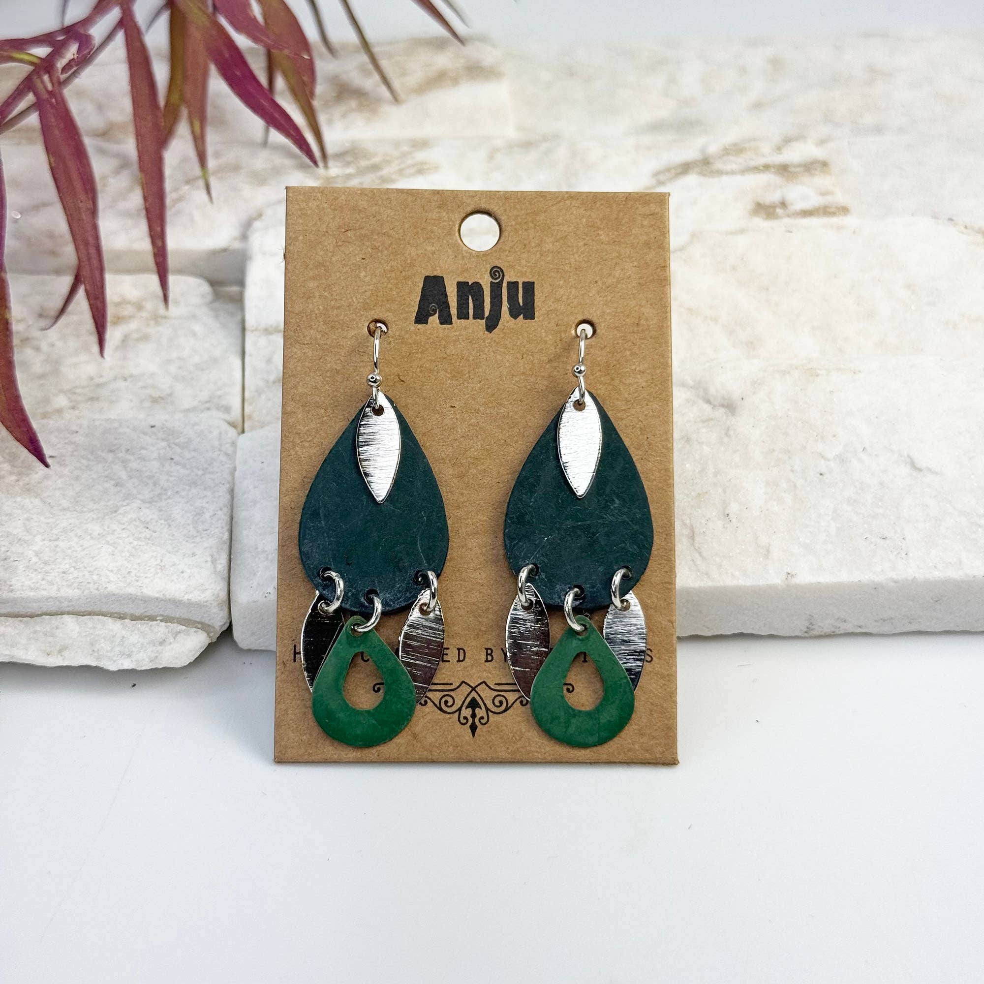 Handcrafted Green Patina Teardrop Tassel Earrings