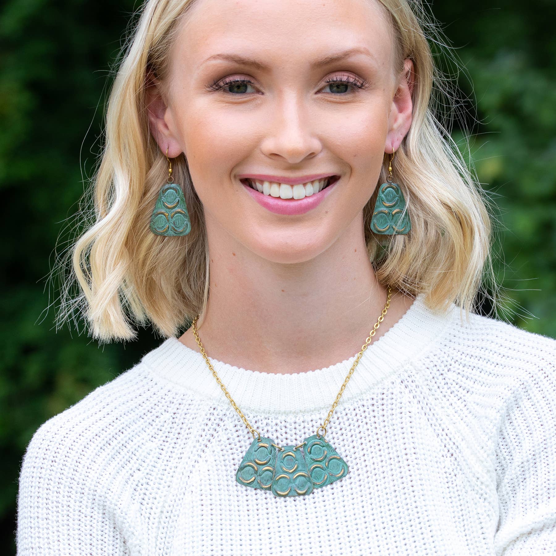 Brass Patina Necklace - Turquoise with Mirrored Crescents