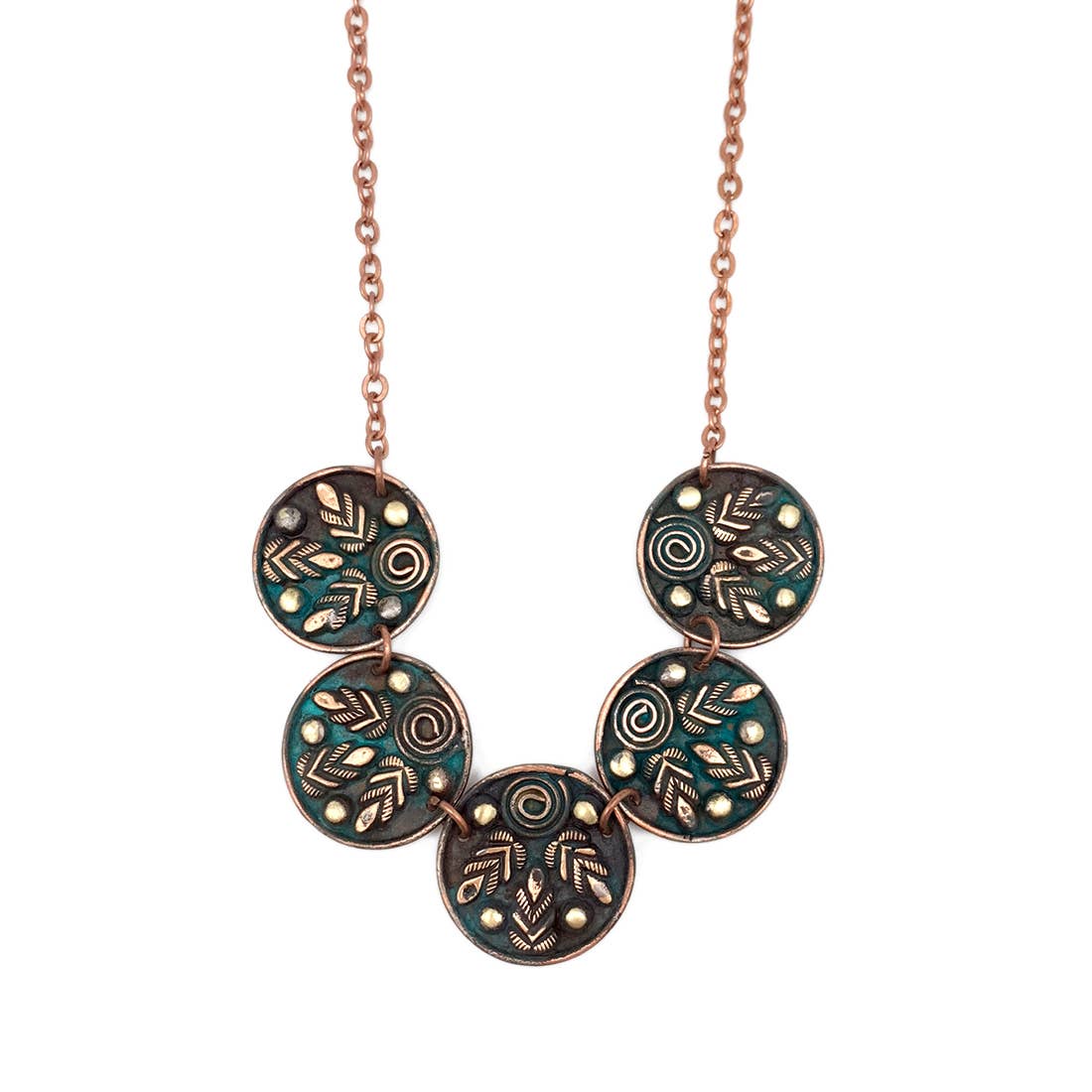 Copper Patina Necklace -  Five Teal Leaf and Spiral Circles