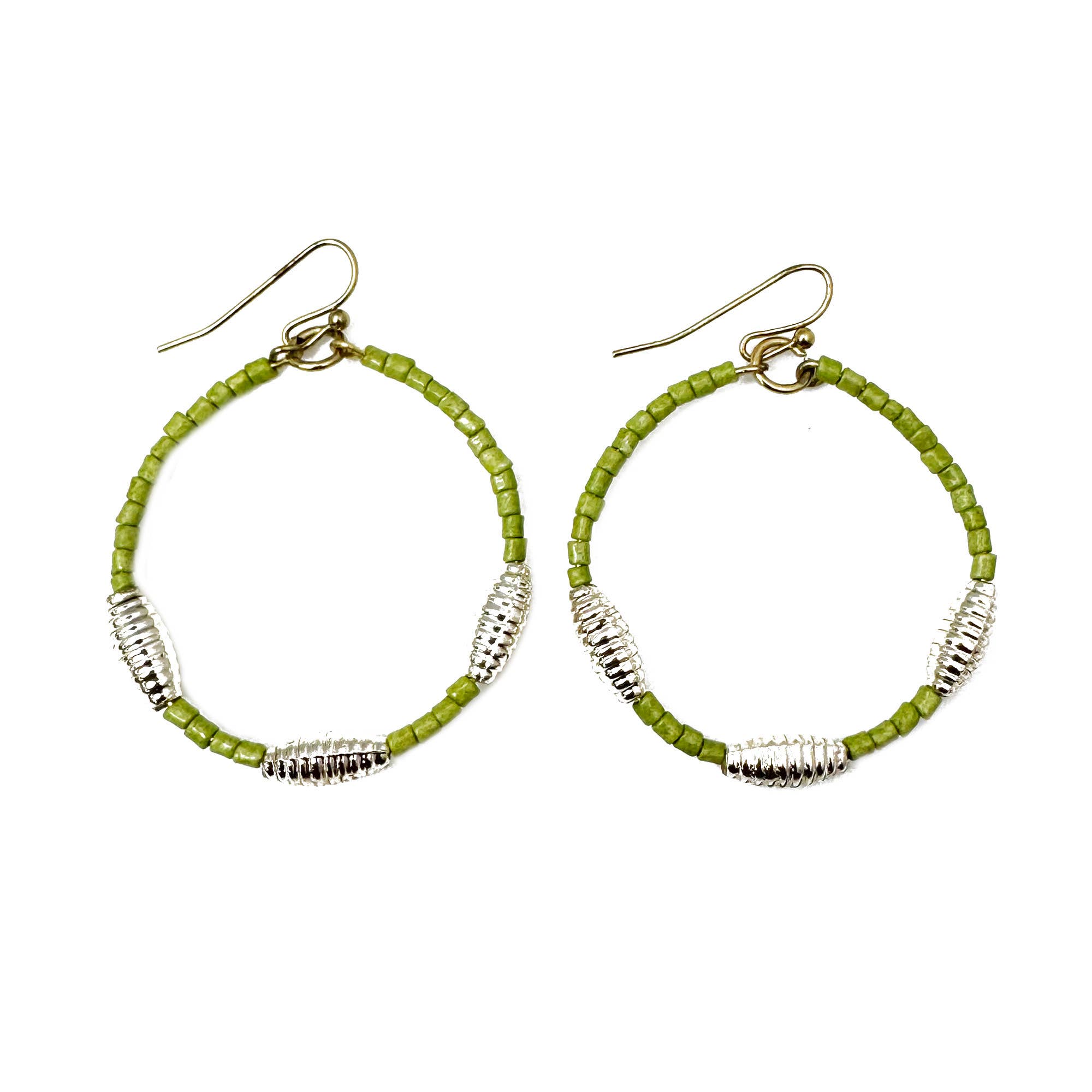 Seed Bead Hoop Earrings - Olive Green