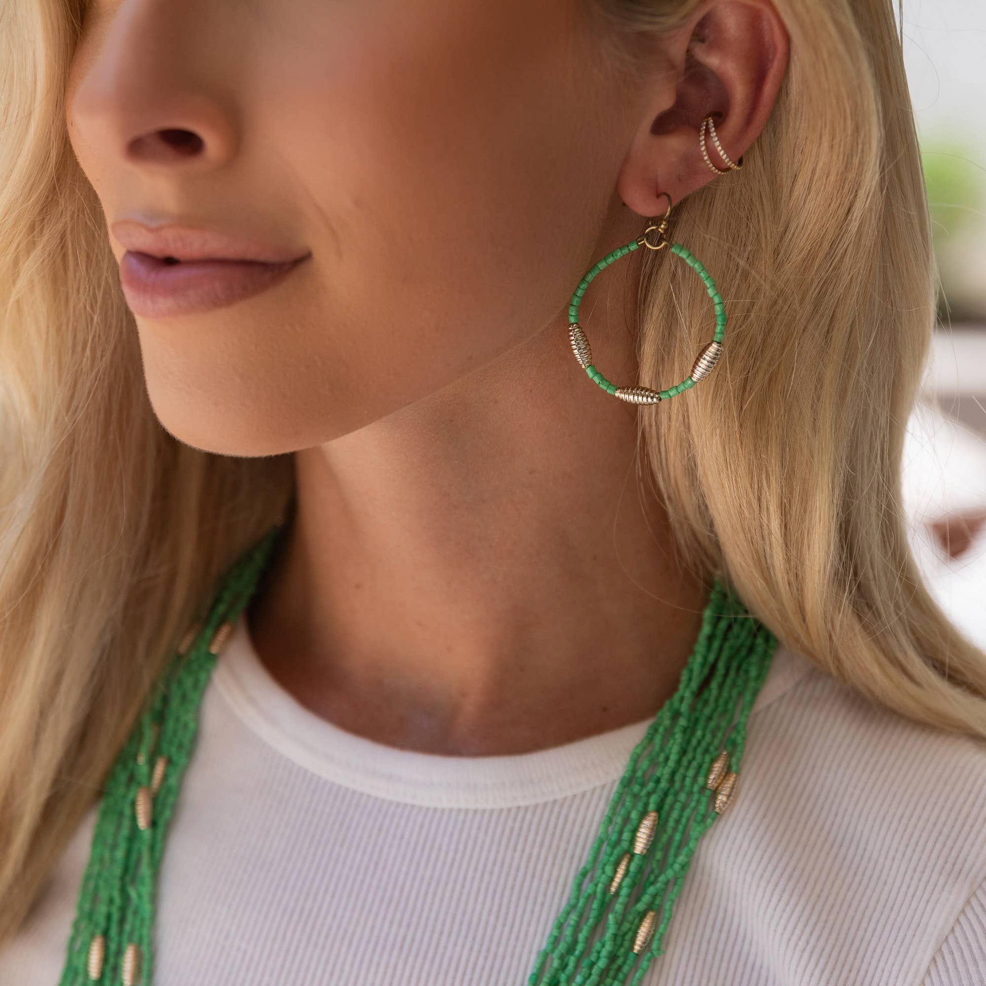Seed Bead Hoop Earrings - Sea Green