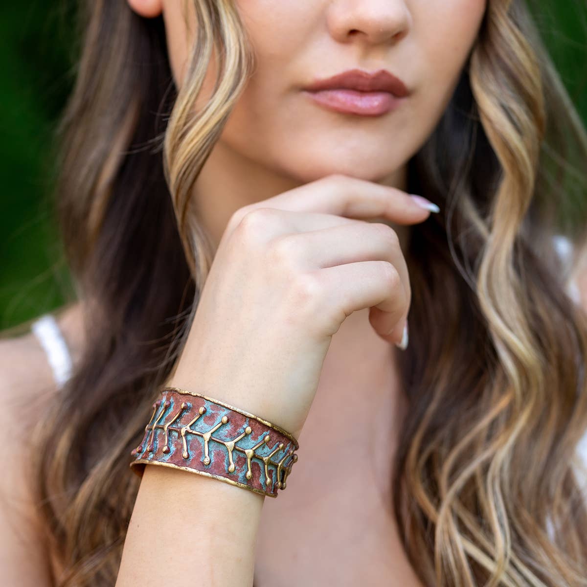 Brass Patina Cuff Bracelet - Rustic Blue Arrows