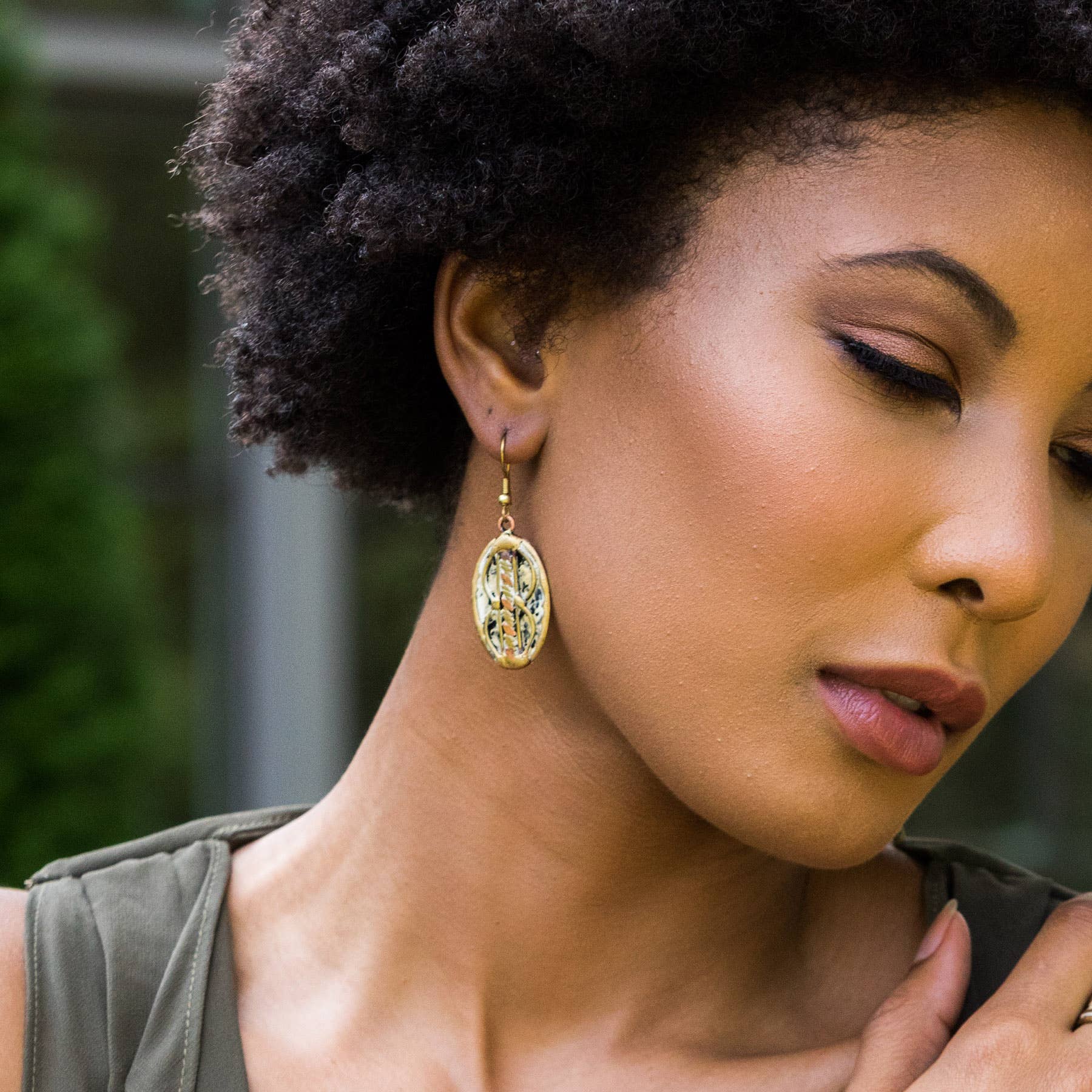 Brass Patina Earrings - Cream With Twisted Metal