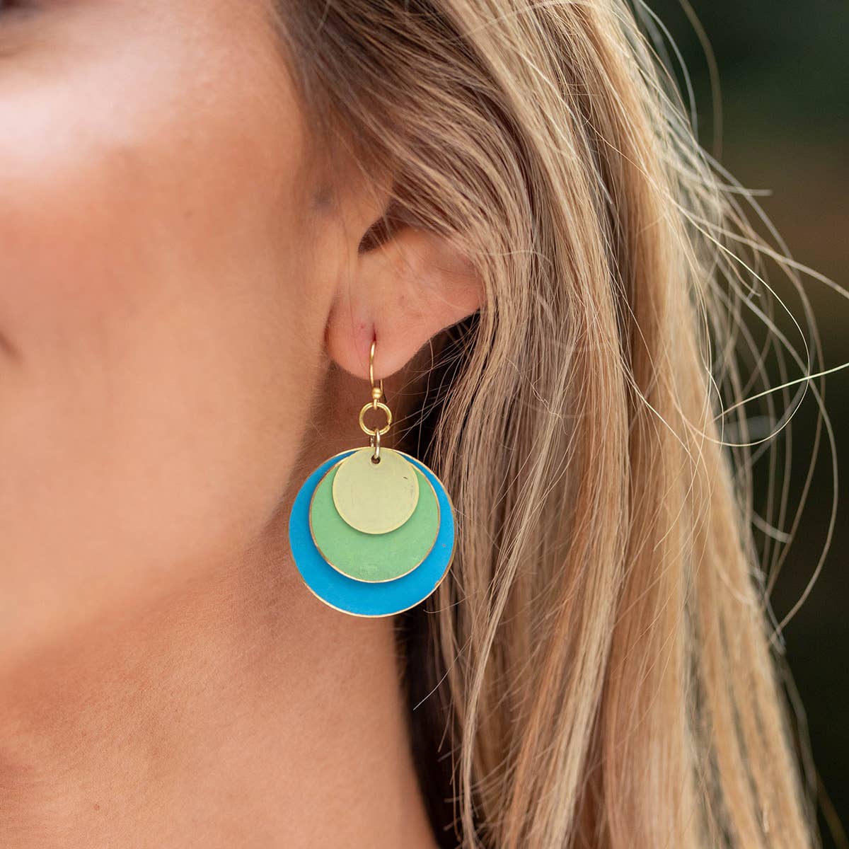 Brass Patina Earrings - Blue and Green Round Layers