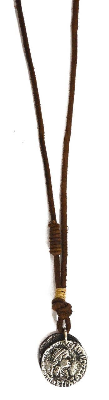 Aadi Silver Coin on Brown Leather Men's Necklace