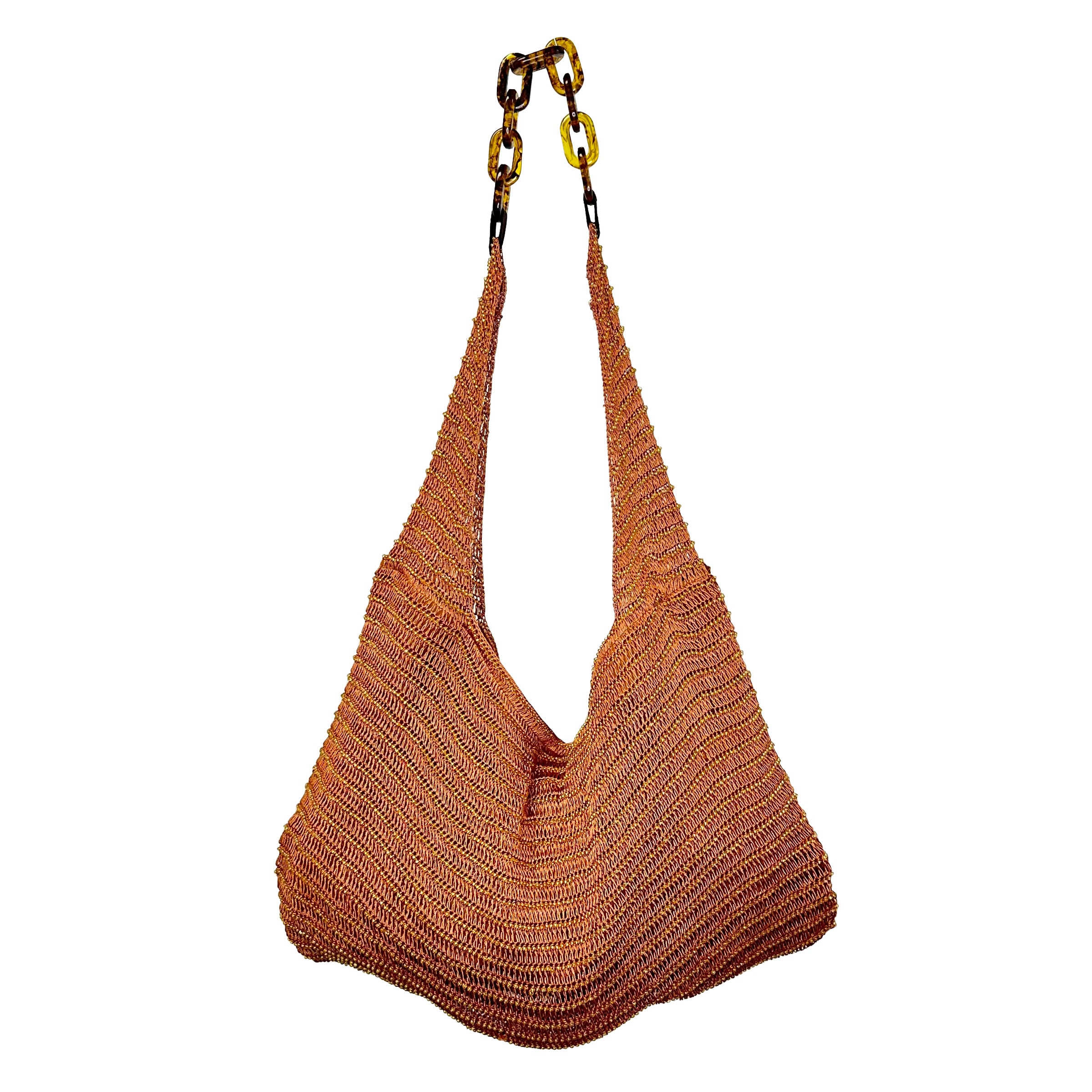 Cora Beaded Cotton Sling Bag with Chain Strap - Brown