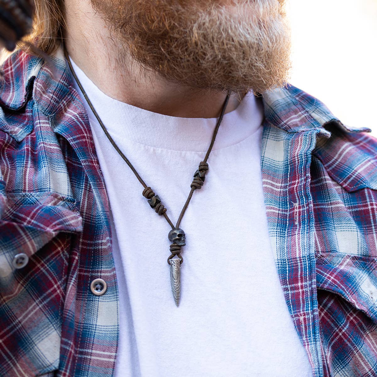 Aadi Metal Point and Skull Charm on Leather Men's Necklace