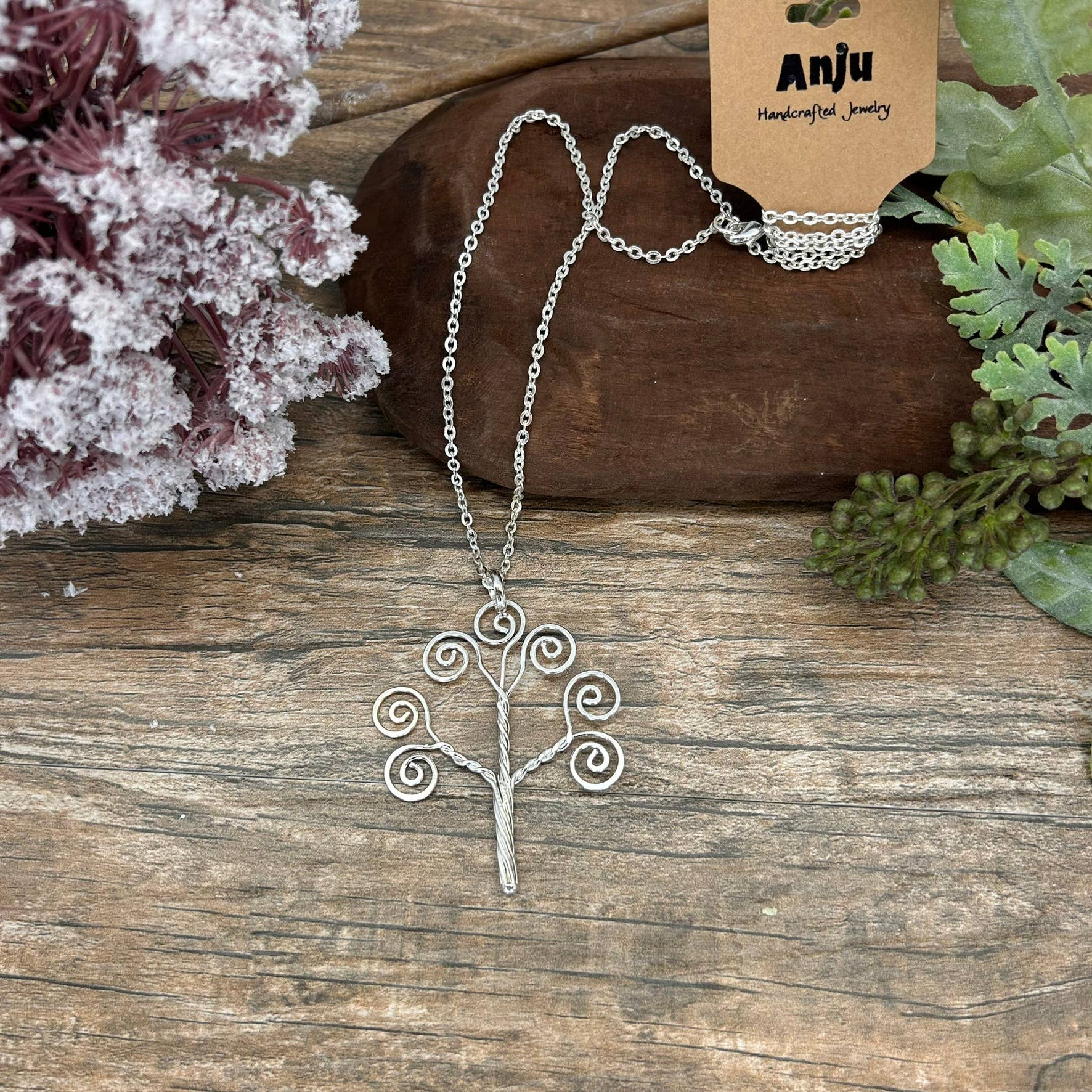 Silver Plated Pendant Necklace - Curly Tree