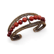 Wire-Wrapped Stone Cuff - Antique Brass with Red Jasper