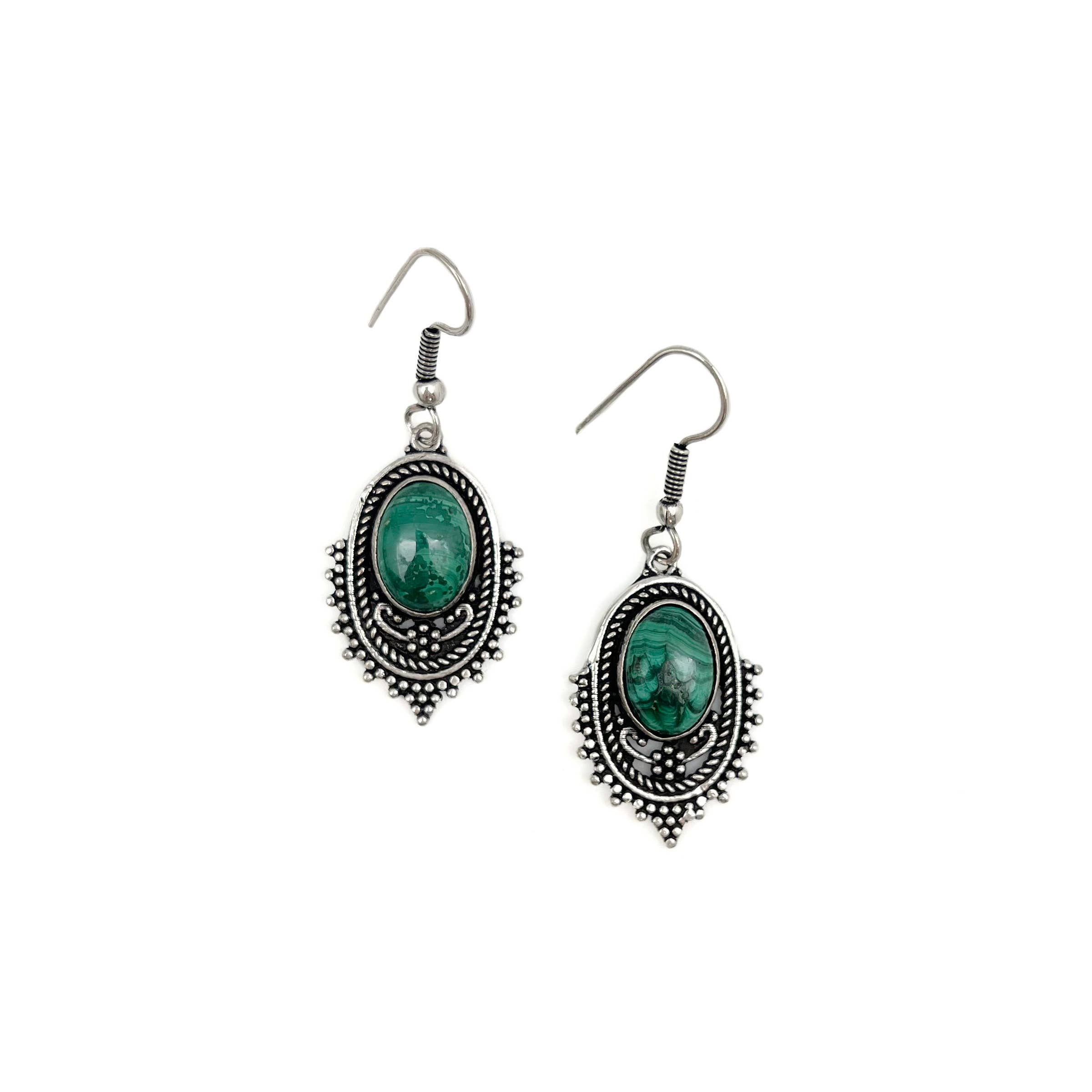 Tanvi Collection Earrings - Silver Oval with Malachite