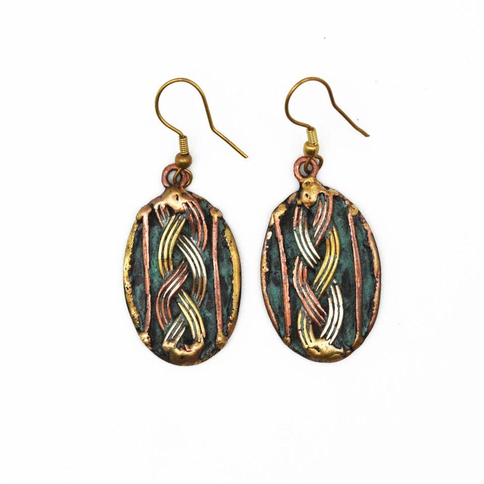 Brass Patina Straight Lines Oval Earrings