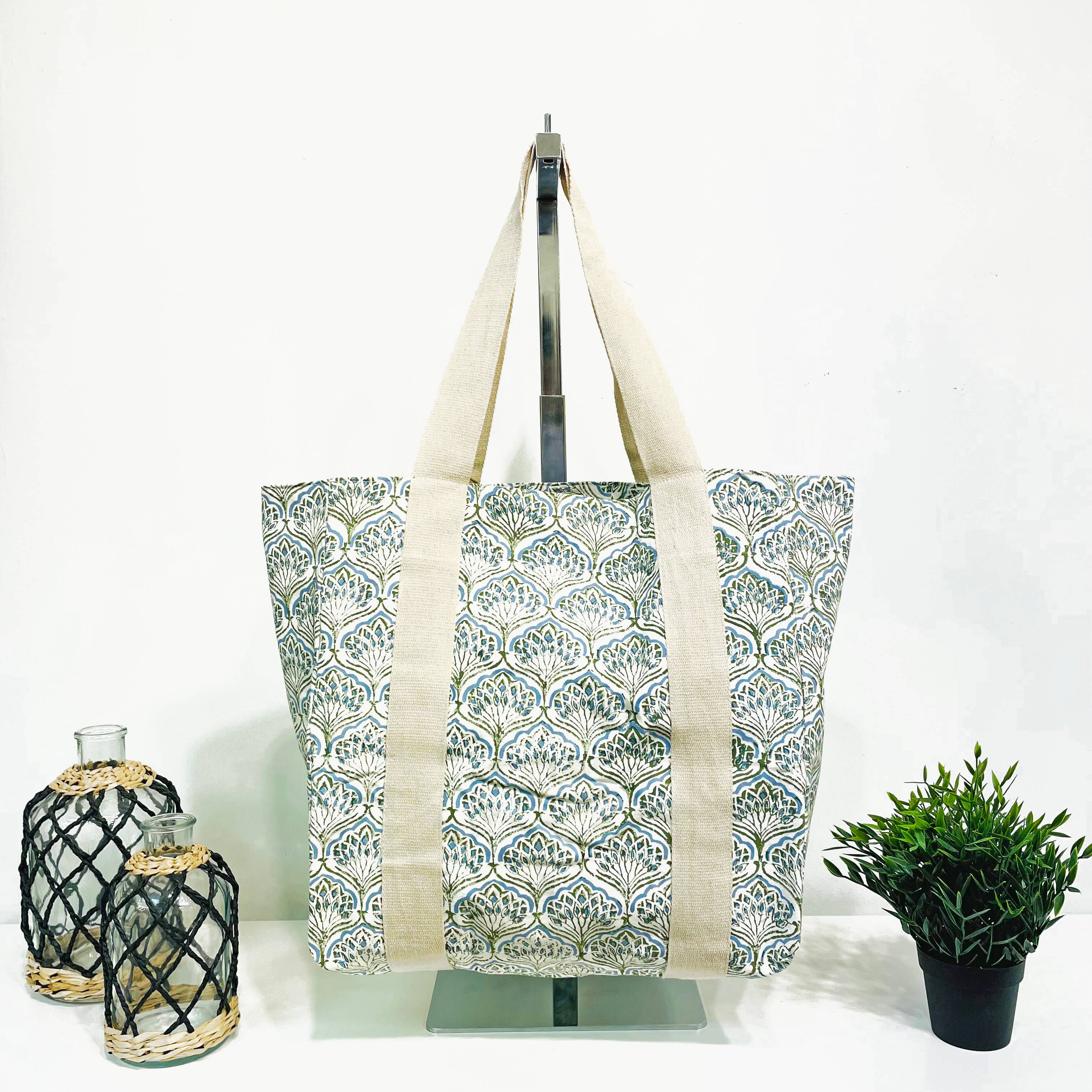 Handcrafted Canvas Bag with Block-Printed Floral Peacock