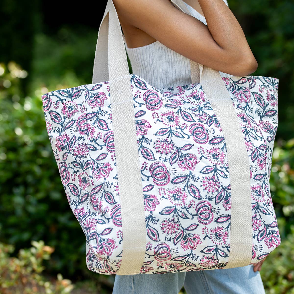 Handcrafted Canvas Bag with Block-Printed Blossoms in Violet