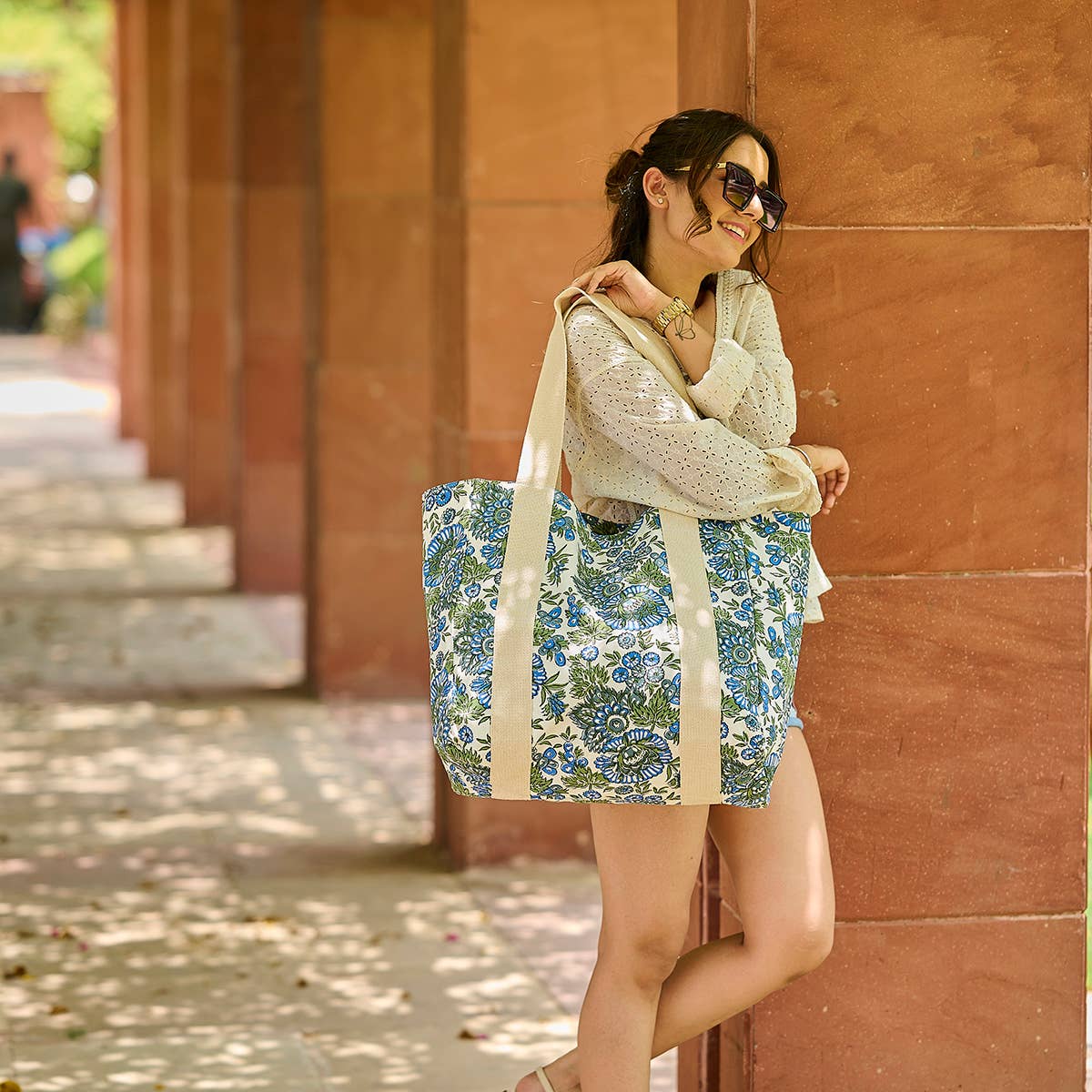 Handcrafted Canvas Bag with Block-Printed Forget me not