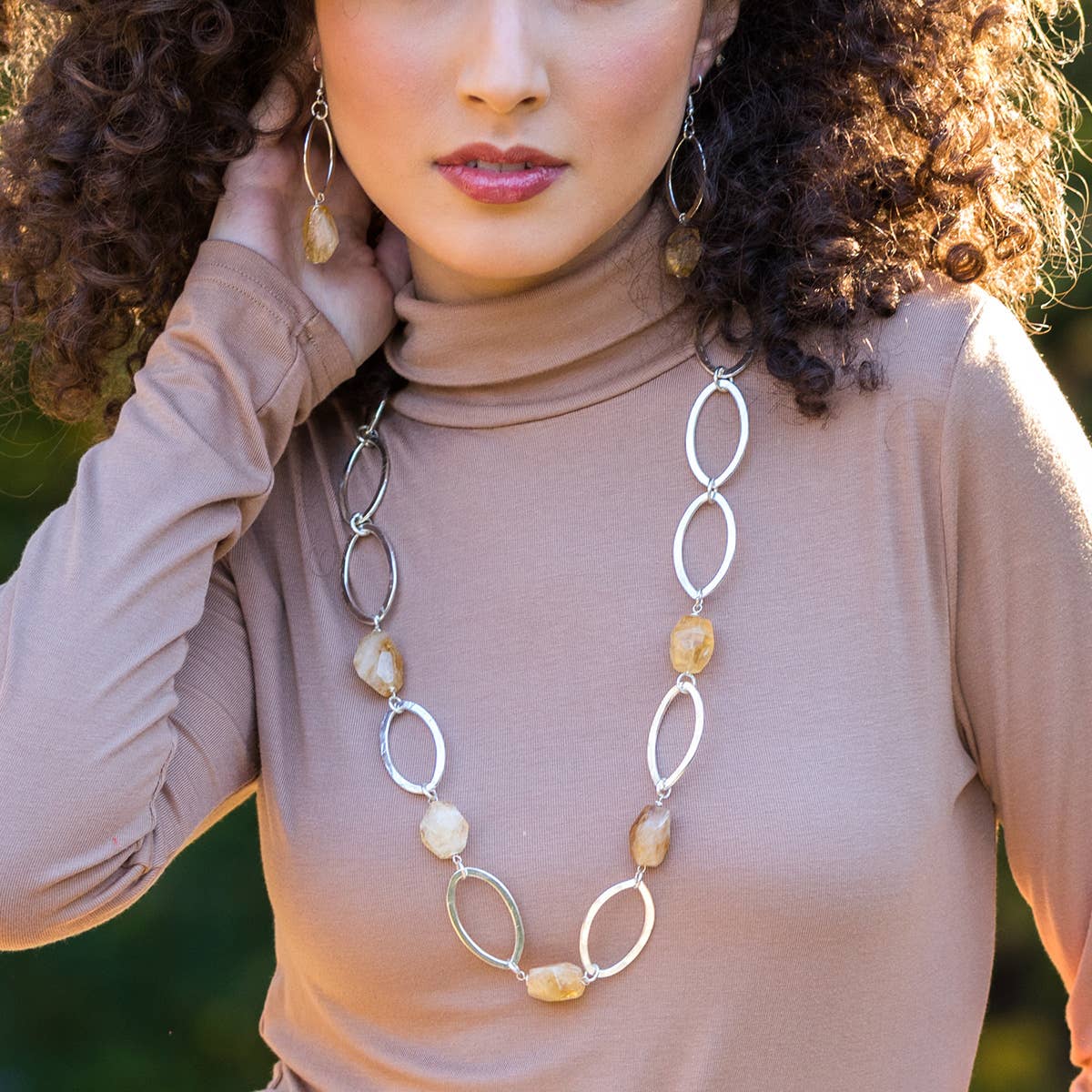 Silver-Plated Long Necklace With Yellow Aventurine Stones