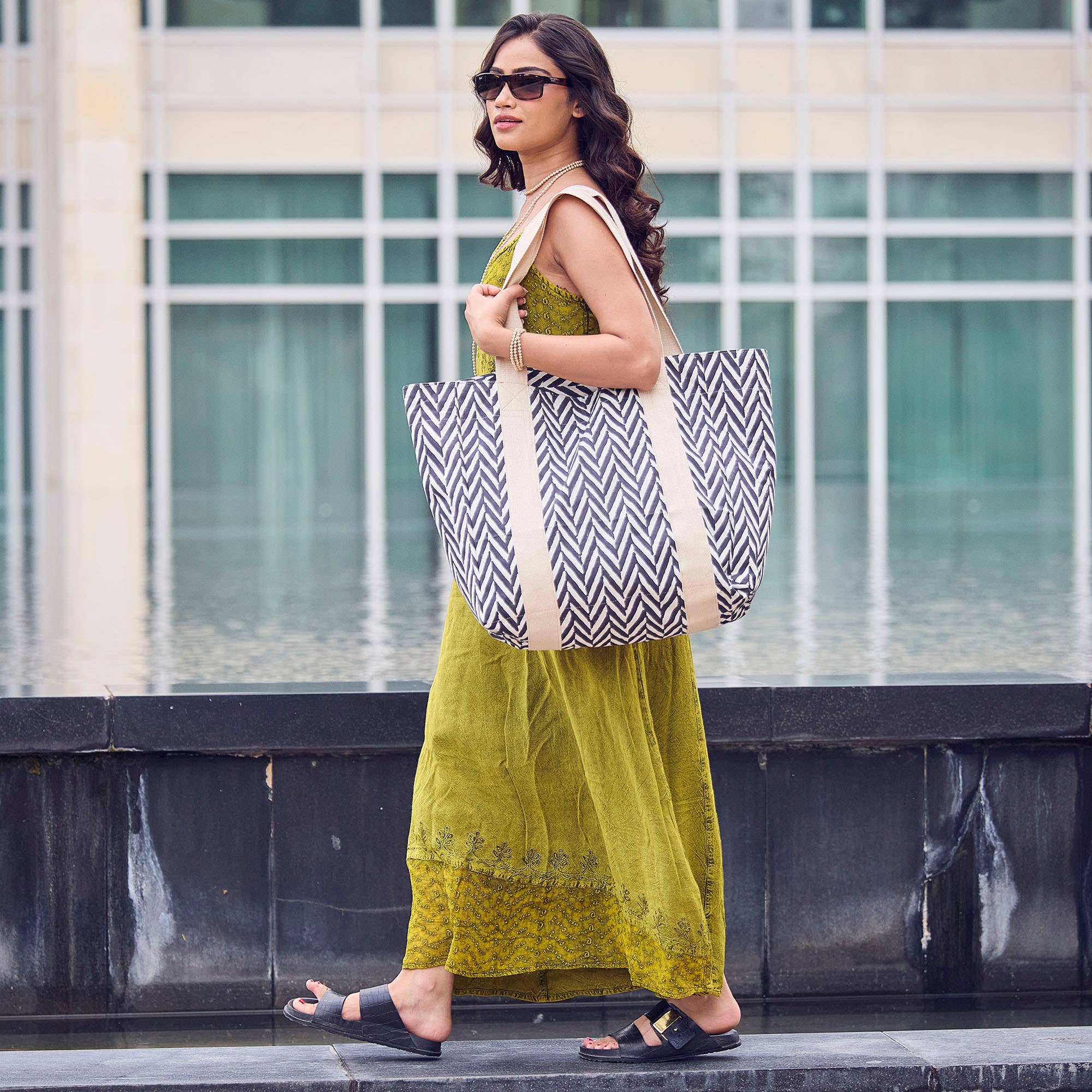 Handcrafted Canvas Bag with Block-Printed Bold Chevron