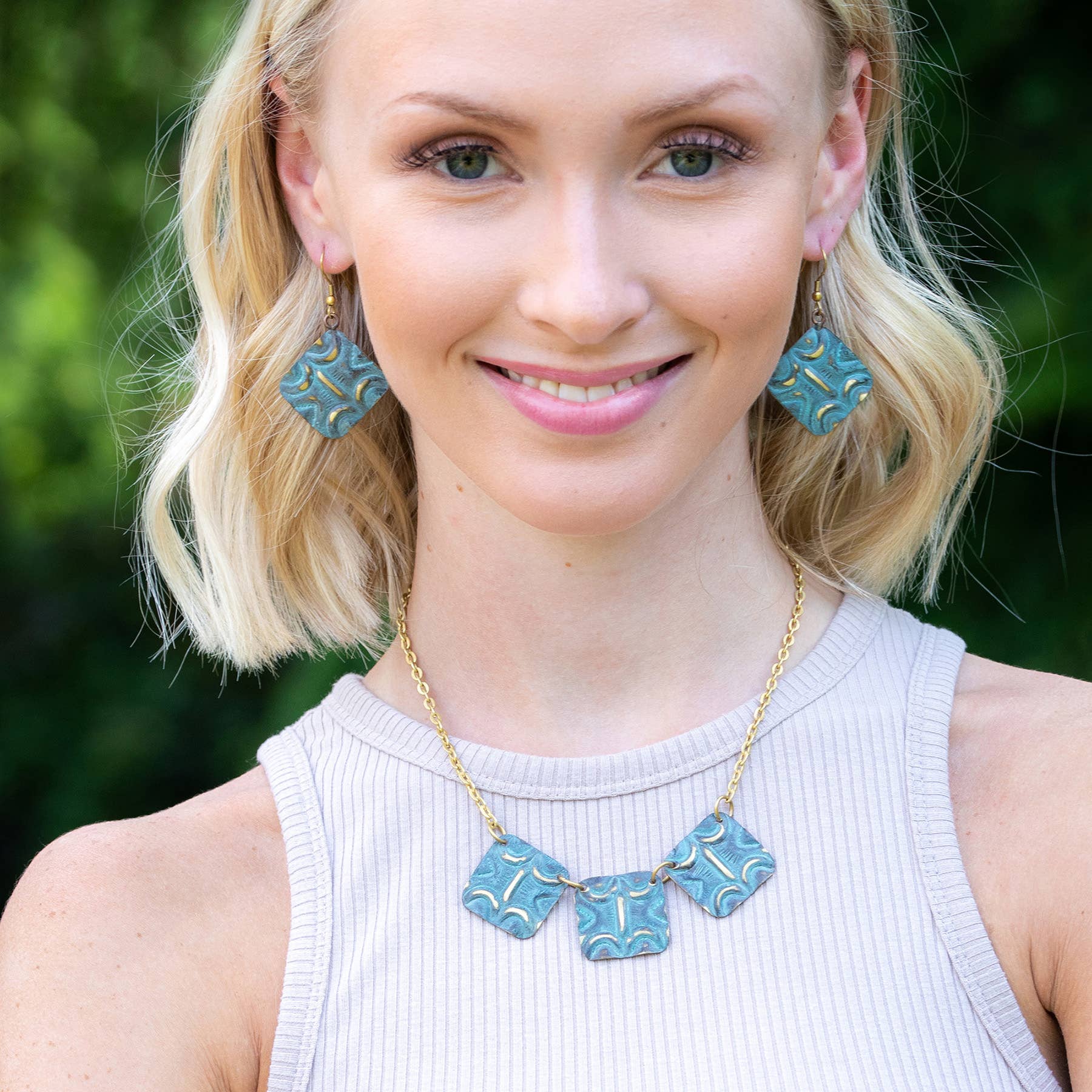 Brass Patina Necklace - Aqua Squares with Moons and Lines