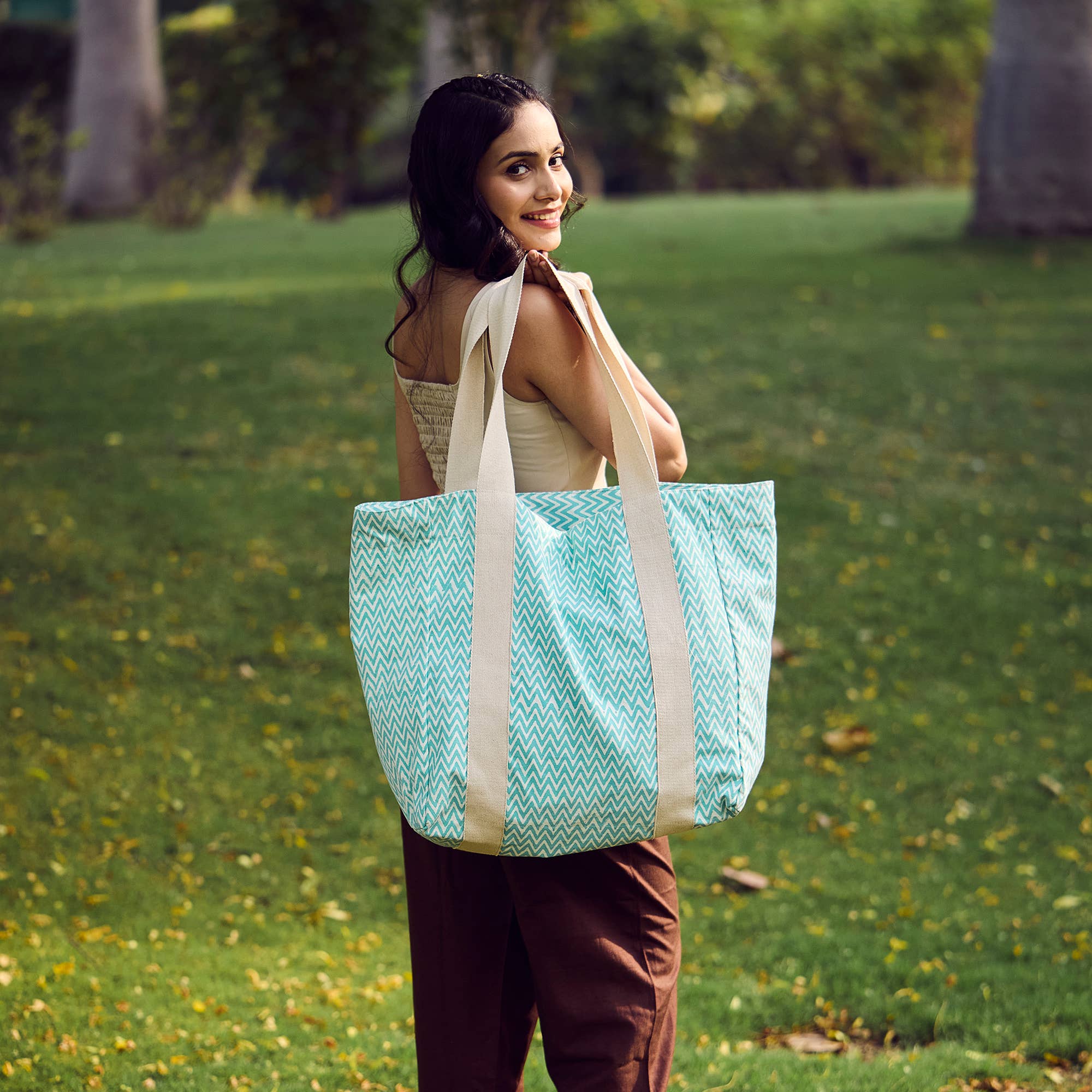 Handcrafted Canvas Bag with Block-Printed Aqua Zigzag