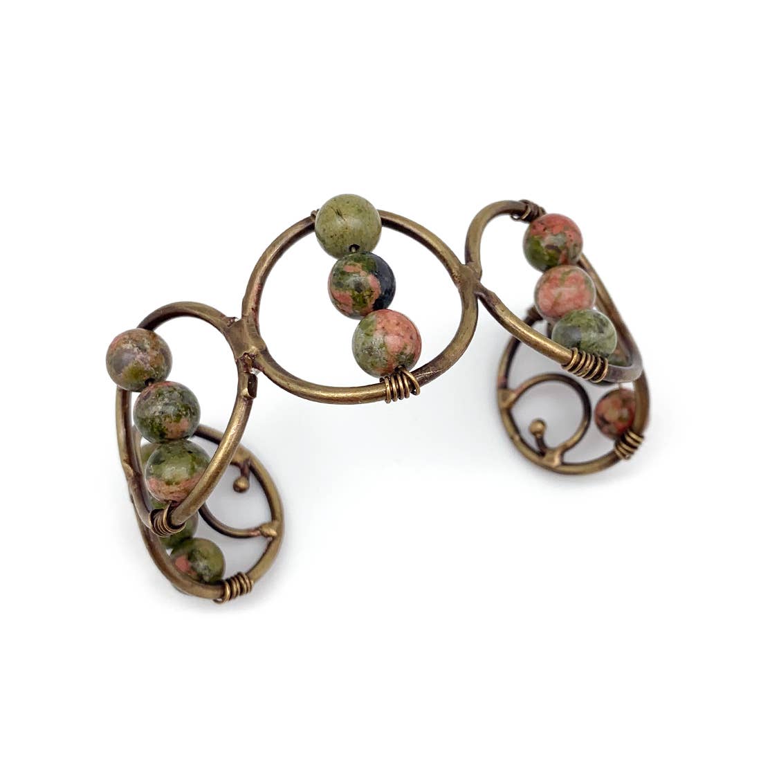 Wire-Wrapped Stone Cuff - Antique Brass with Unakite