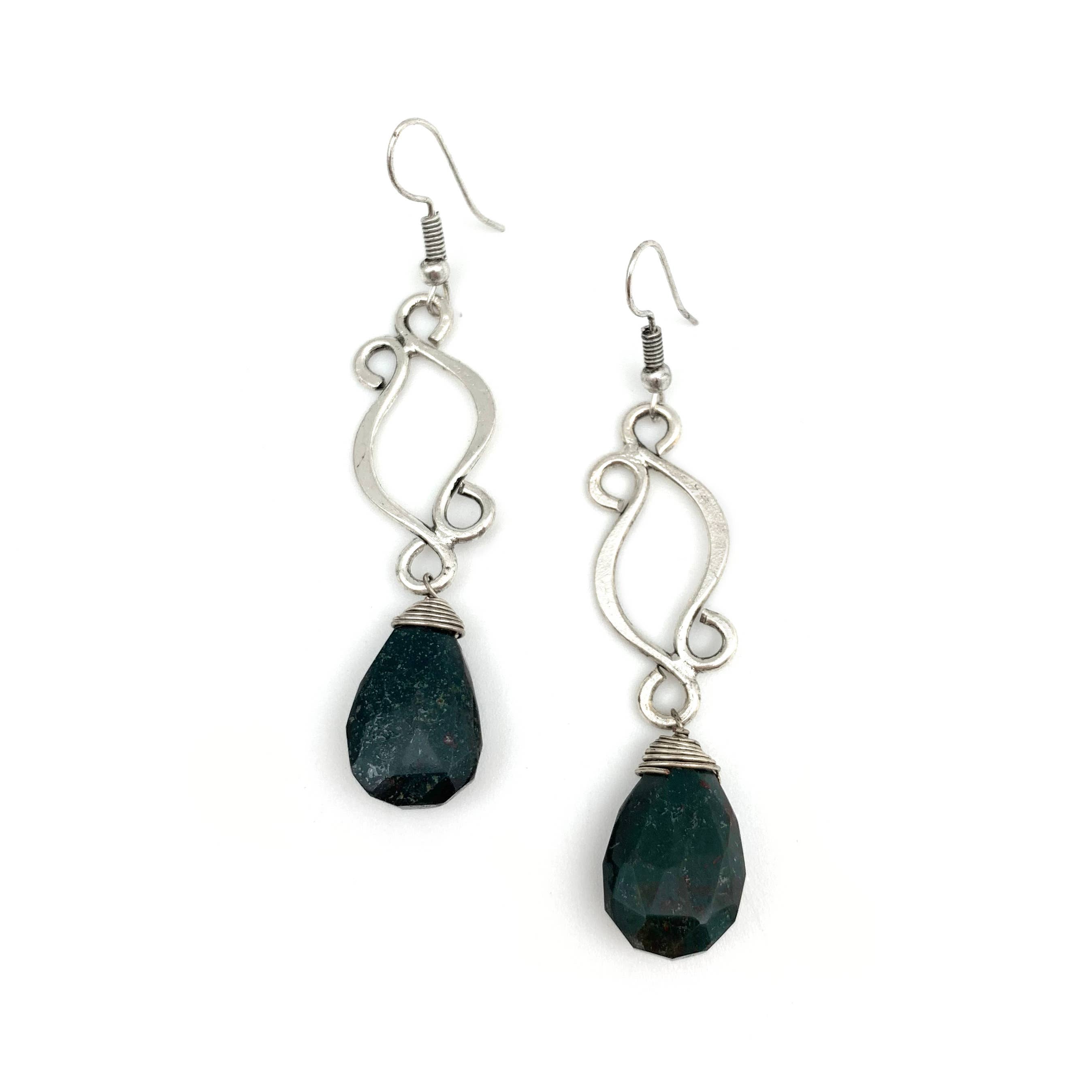 Silver Plated Earrings - Curved Lines and Moss Agate