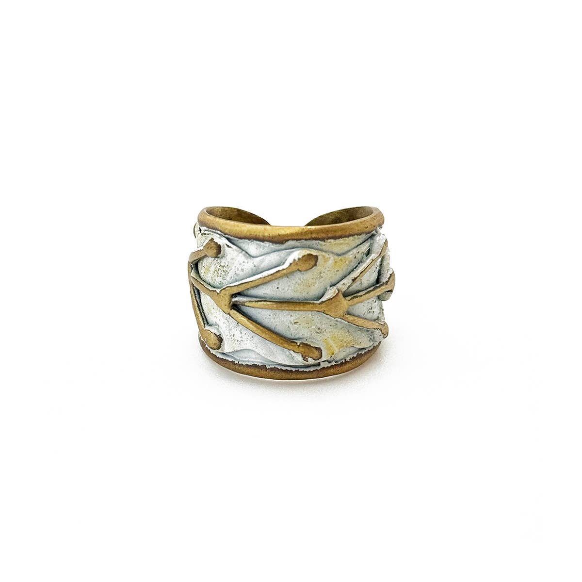 Handcrafted Antique White Dotted Leaf Brass Patina Ring