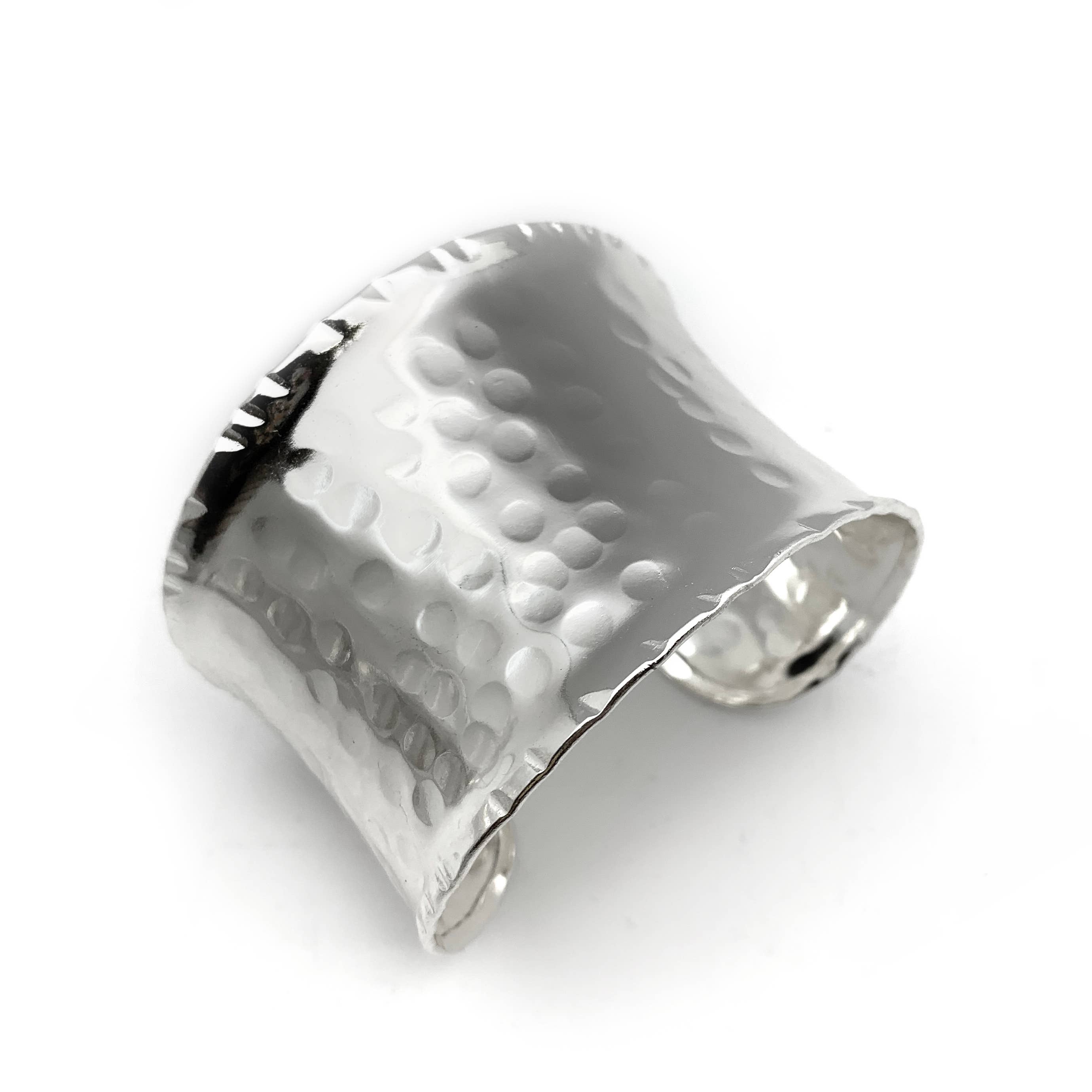 Silver Plated Adjustable Cuff Bracelet - Hammered Wide Cuff