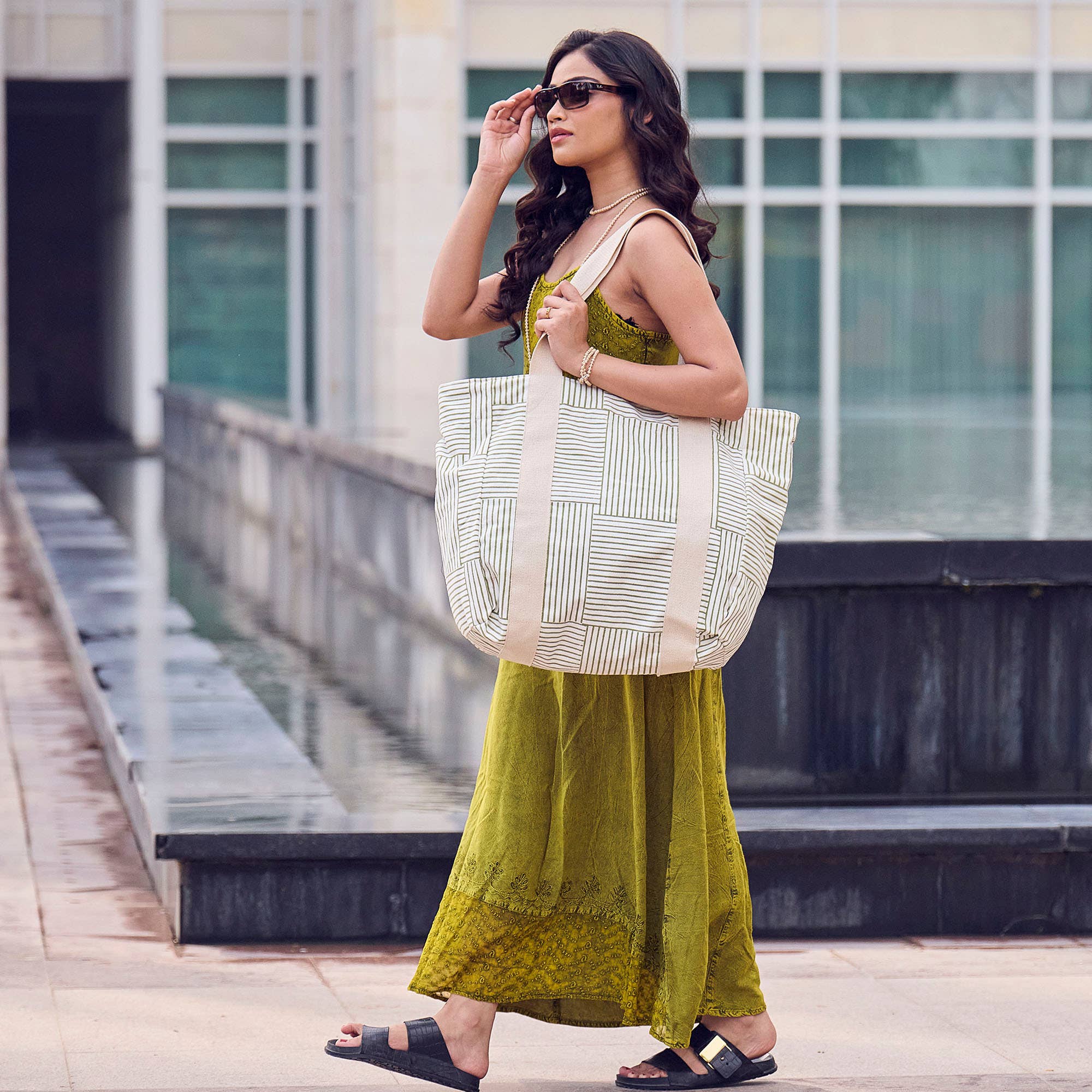 Handcrafted Canvas Bag with Block-Printed Olive Stripes
