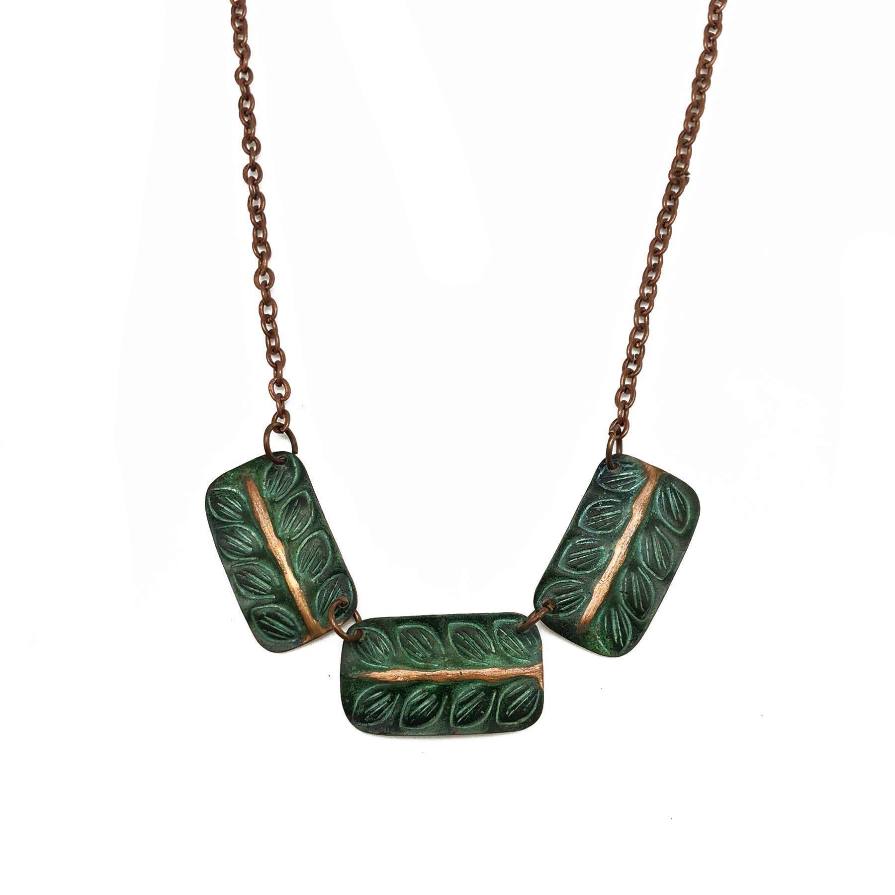Copper Patina Necklace - Rows of Leaves