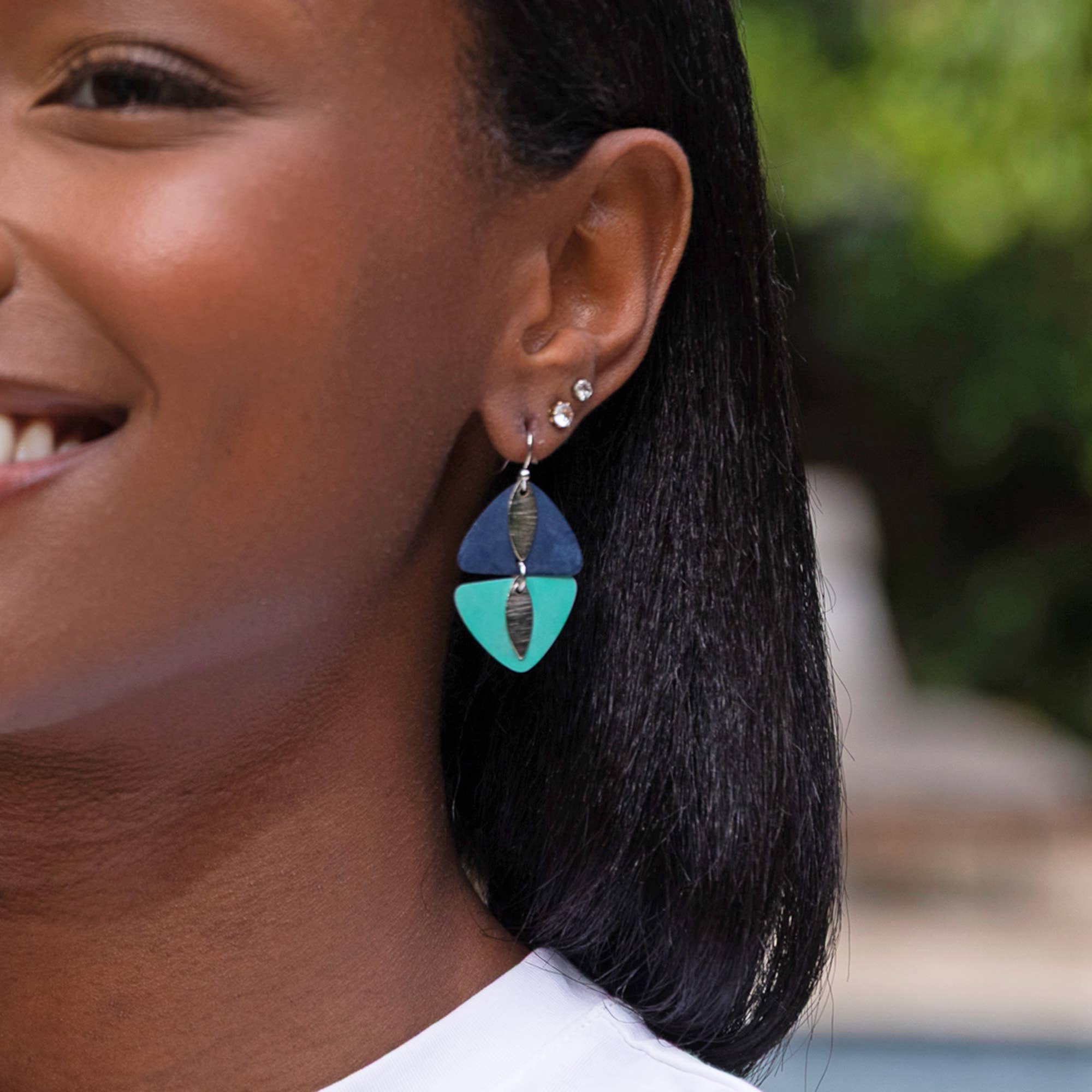 Handcrafted Navy & Teal Patina Mirrored Triangle Earrings