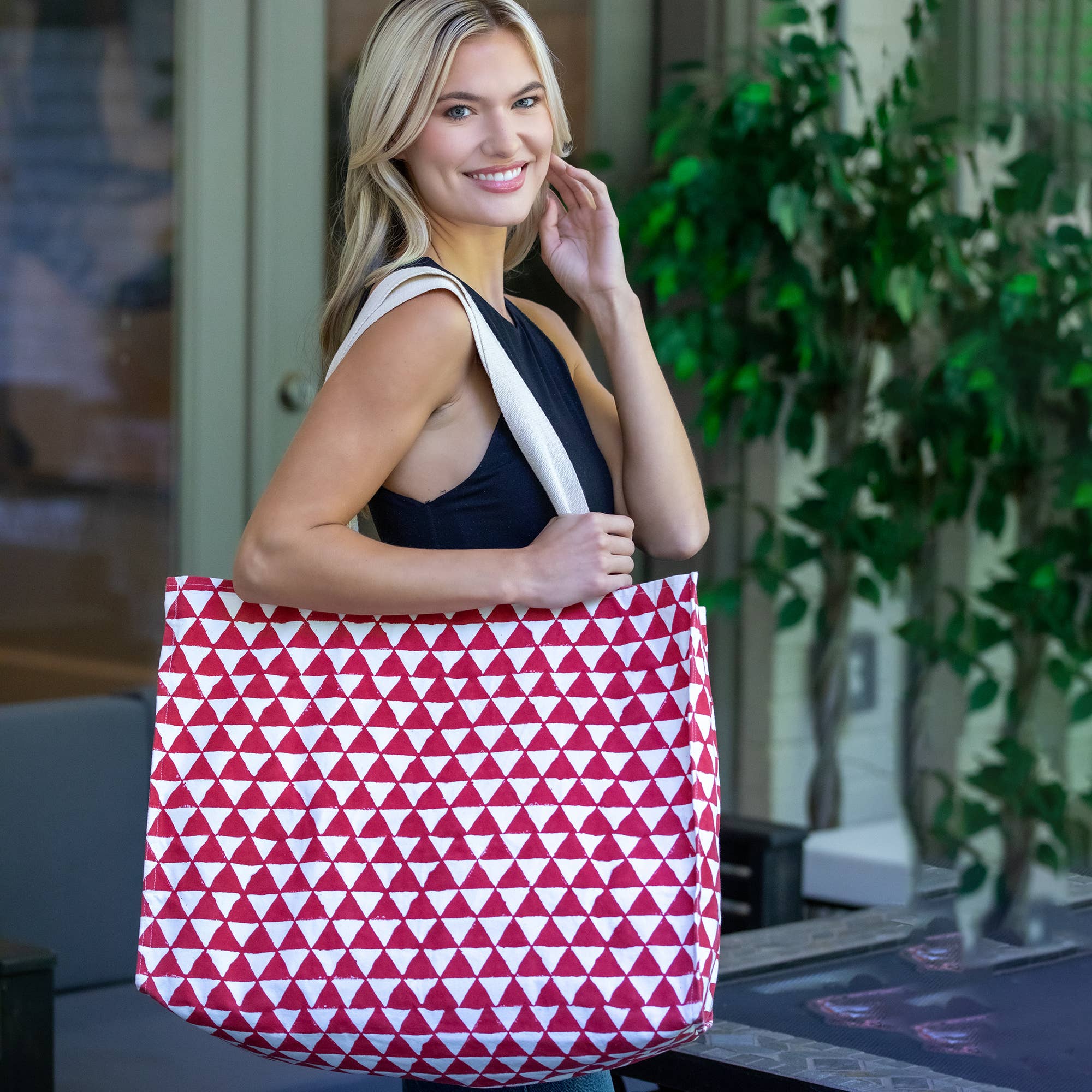 Canvas Bag with Block-Printed Red geometric pattern
