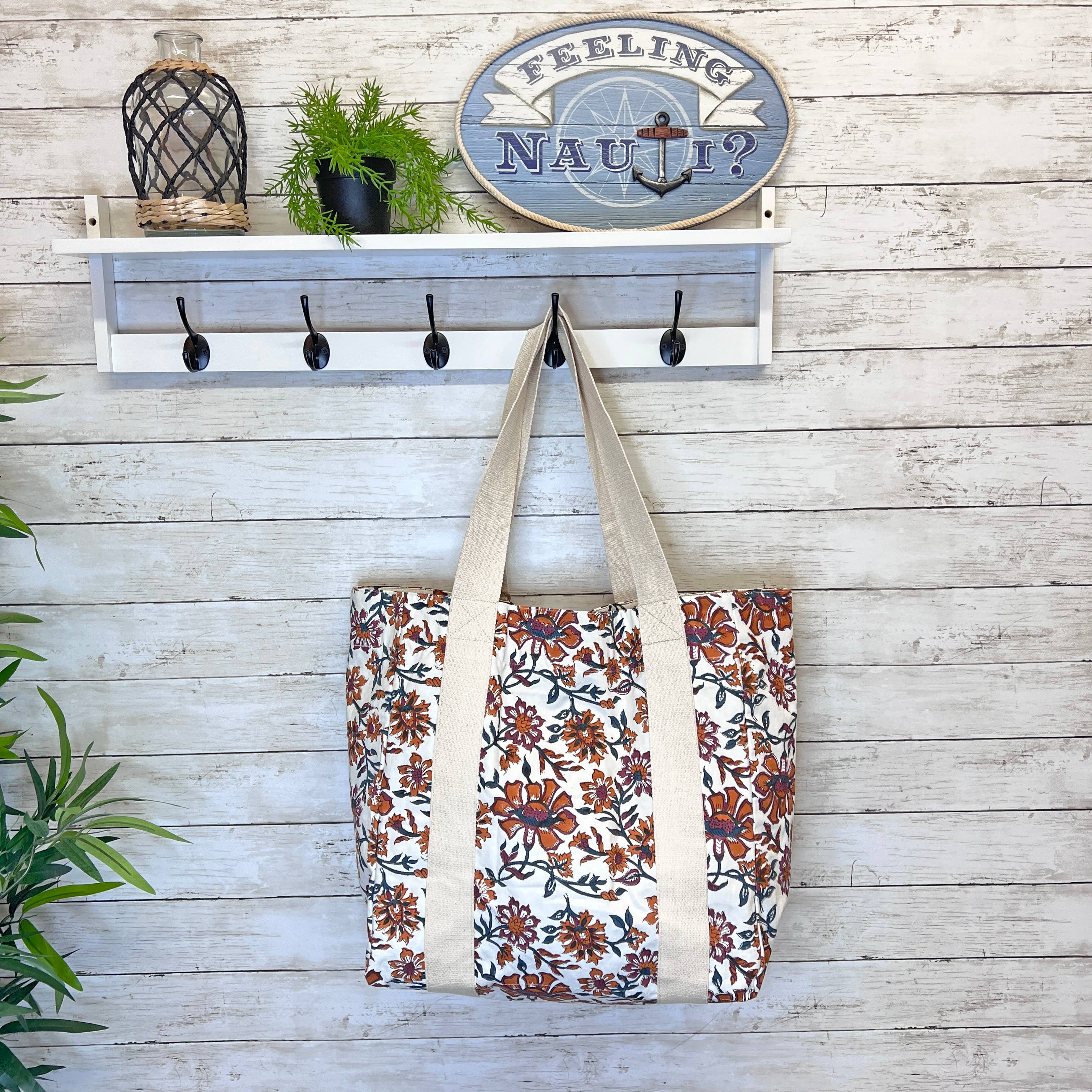 Handcrafted Canvas Bag with Block-Printed Amber Amaryllis