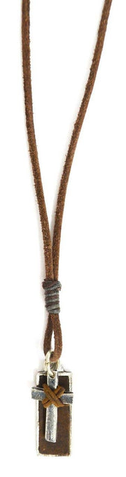 Aadi Silver Cross on Leather Rectangle Men's Necklace